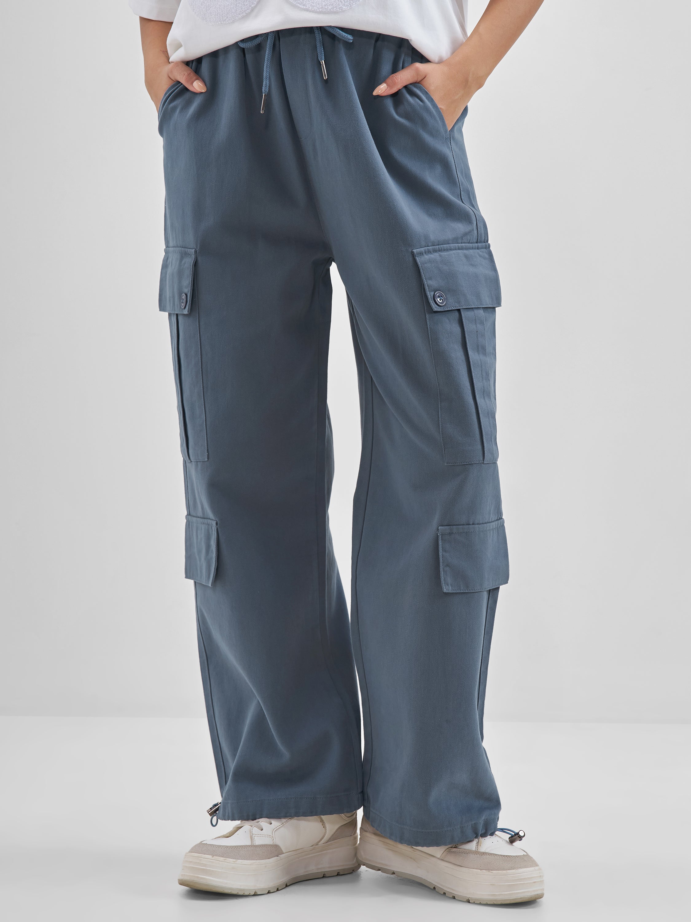 Street By Tokyo Talkies Women Blue Solid Straight Fit Cargos - Blue - Image 1