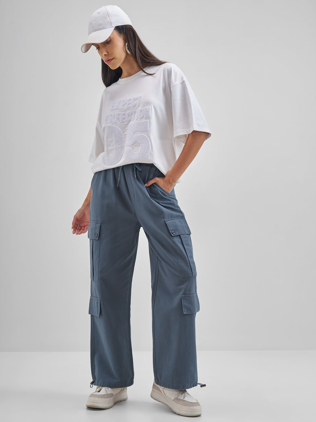Street By Tokyo Talkies Women Blue Solid Straight Fit Cargos - Blue - Image 2