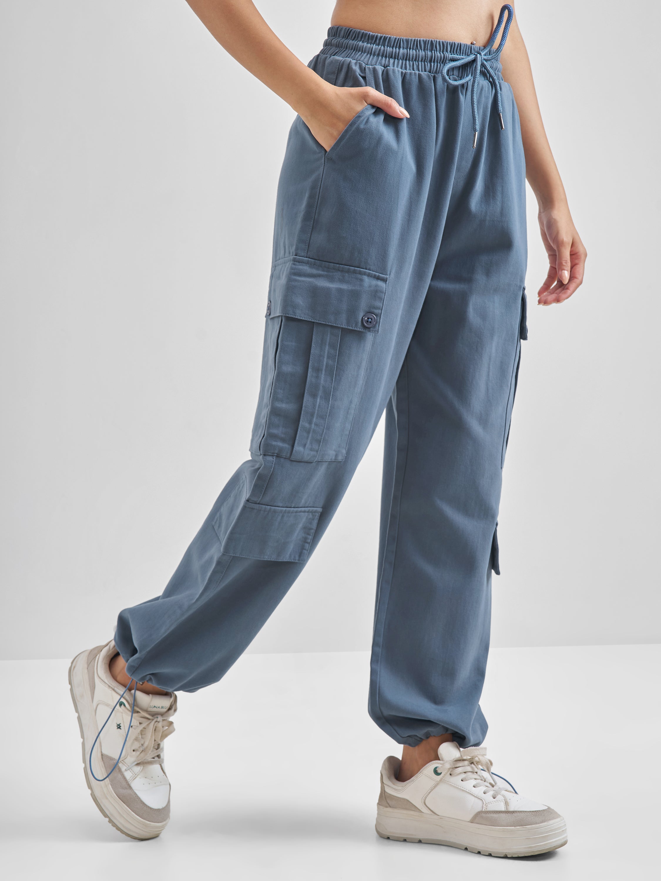 Street By Tokyo Talkies Women Blue Solid Straight Fit Cargos - Blue - Image 6