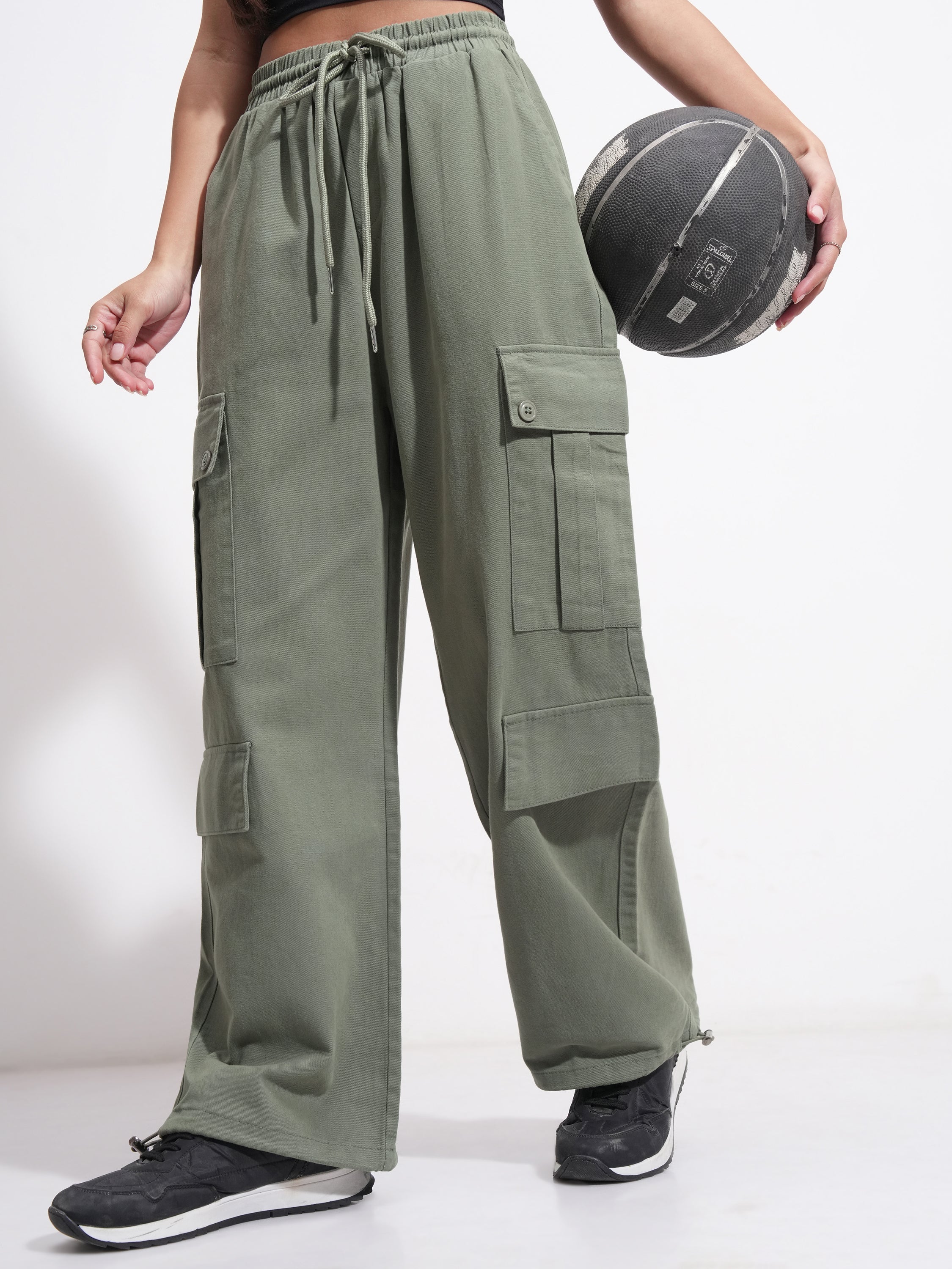 Tokyo Talkies Women Olive Solid Straight Fit Cargos - Olive - Image 1