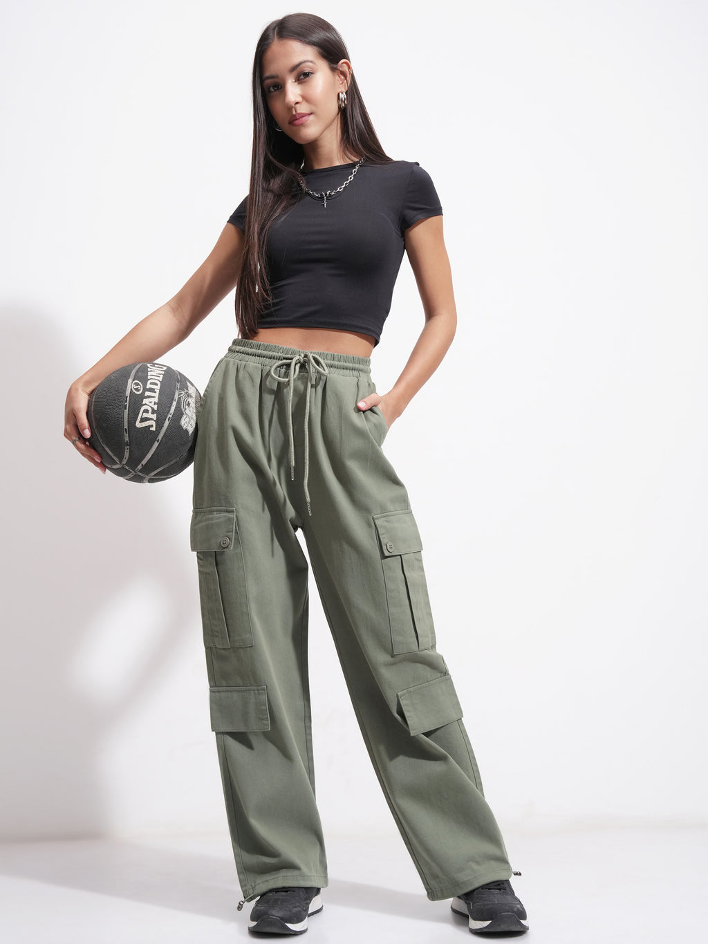 Tokyo Talkies Women Olive Solid Straight Fit Cargos - Olive - Image 2