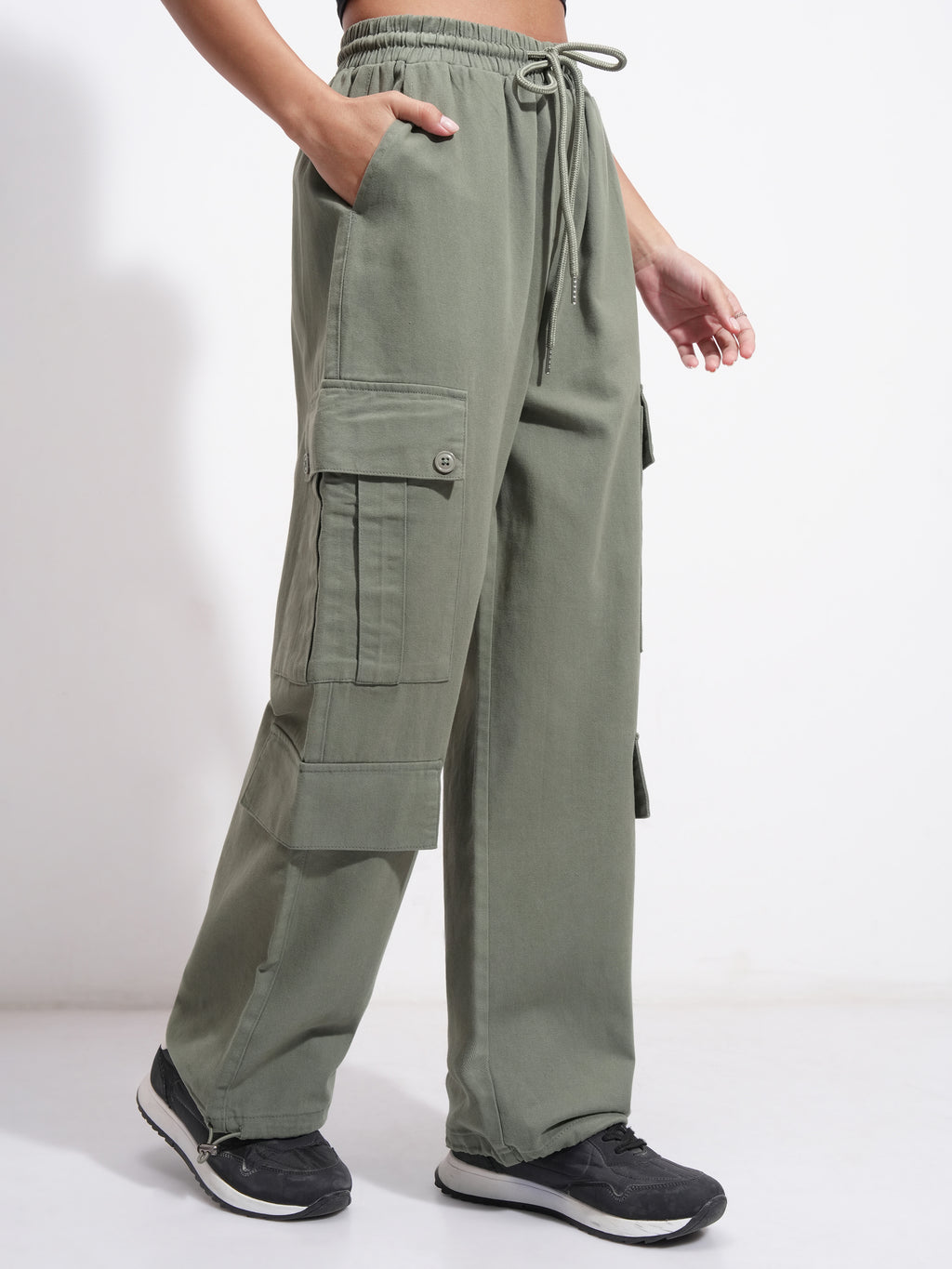 Tokyo Talkies Women Olive Solid Straight Fit Cargos - Olive - Image 6