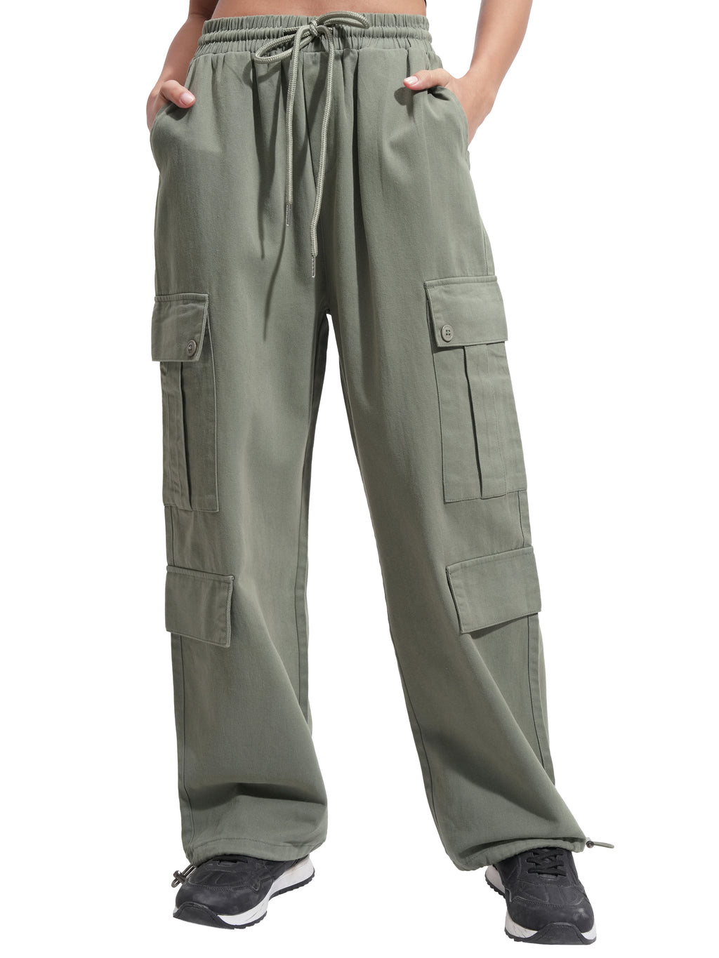 Tokyo Talkies Women Olive Solid Straight Fit Cargos - Olive - Image 7