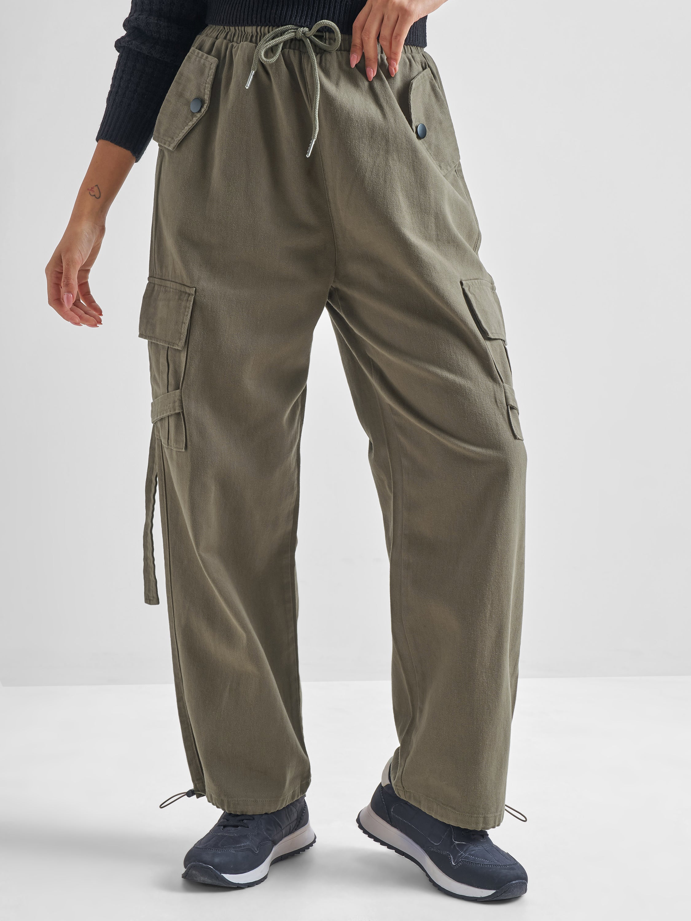 Tokyo Talkies Women Olive Solid Straight Fit Cargos - Olive - Image 1