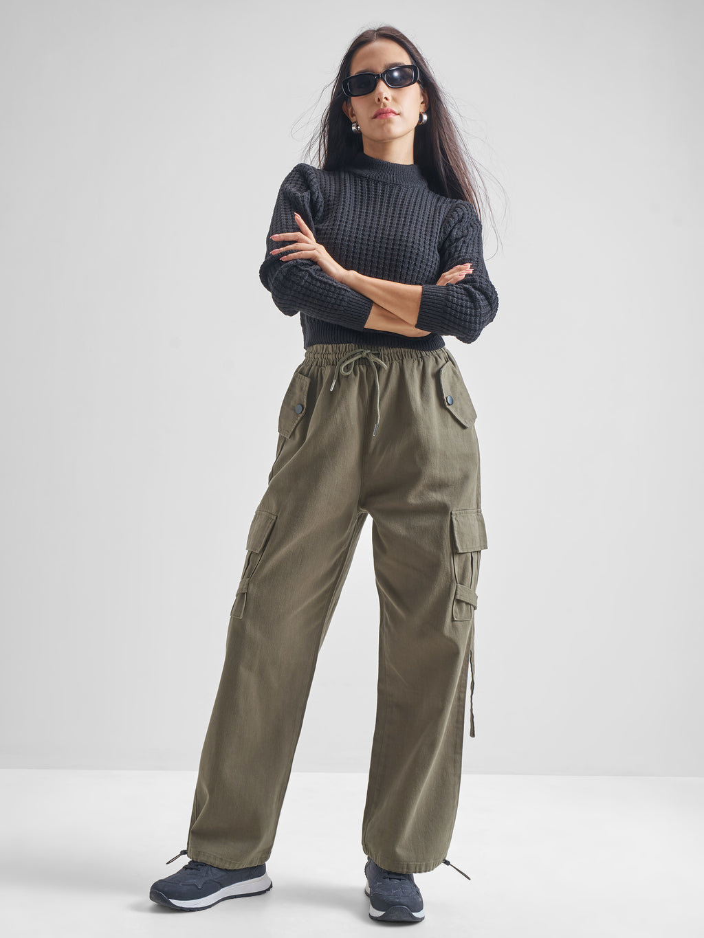 Tokyo Talkies Women Olive Solid Straight Fit Cargos - Olive - Image 2