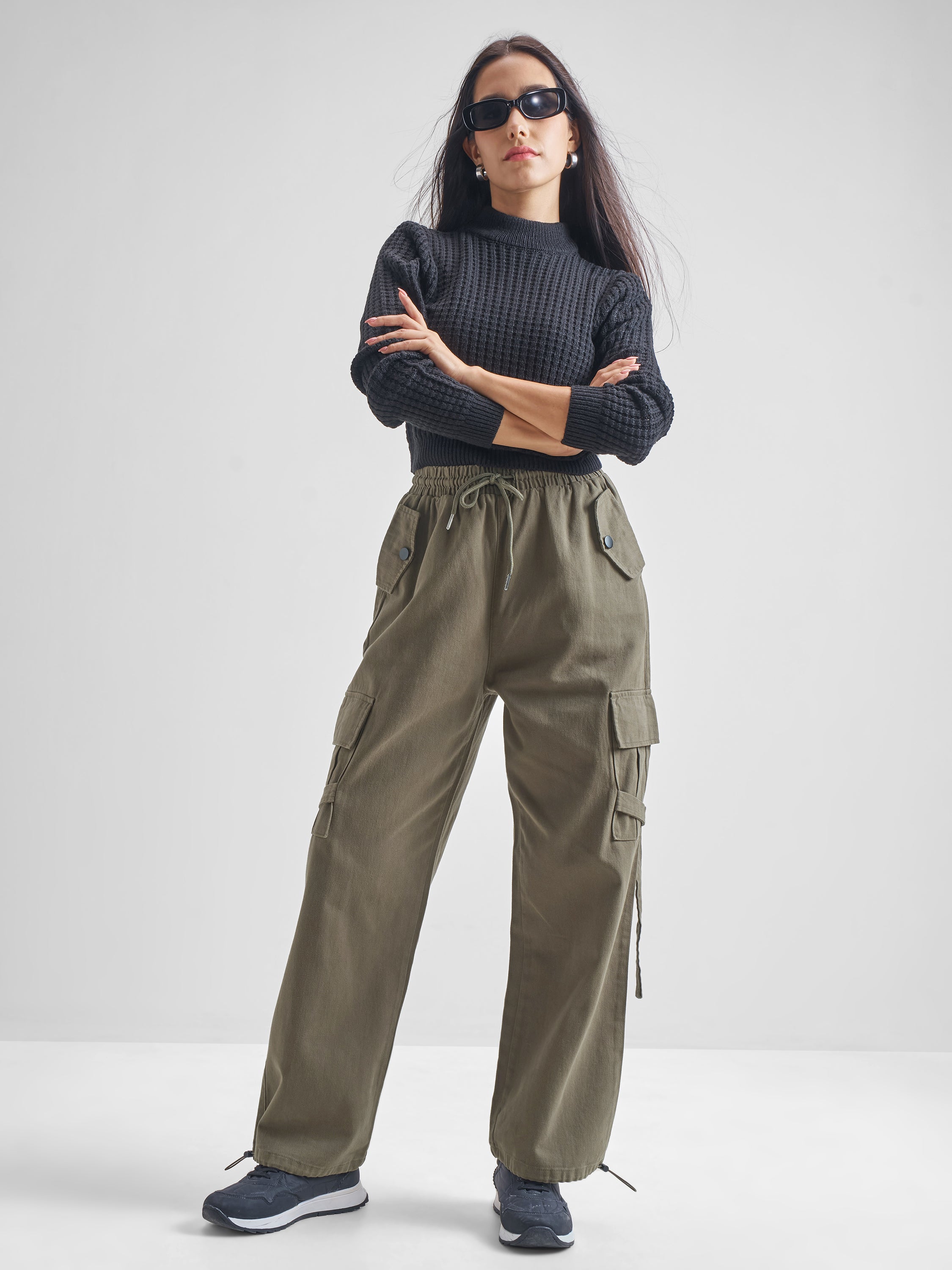 Tokyo Talkies Women Olive Solid Straight Fit Cargos - Olive - Image 2