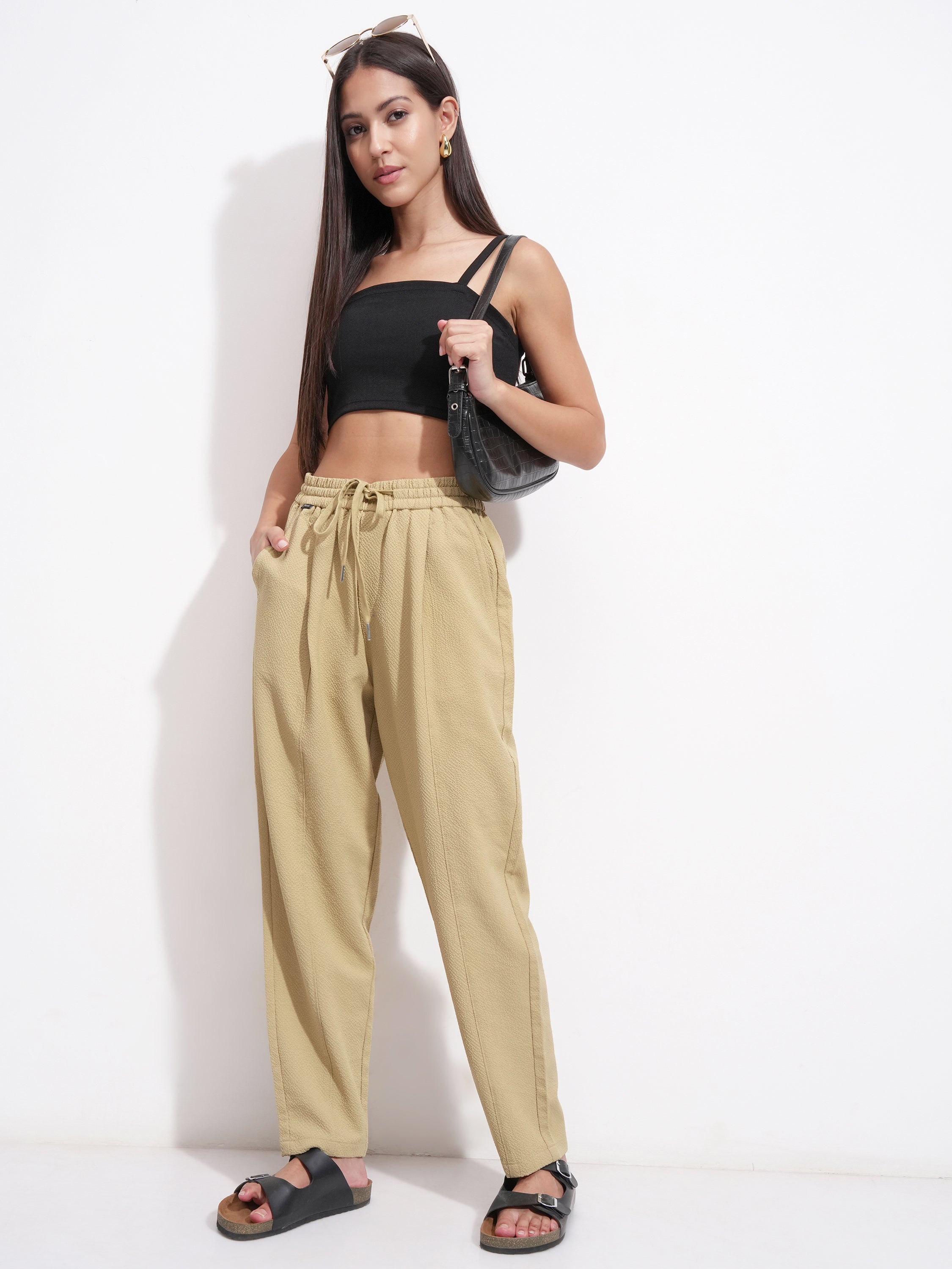 Tokyo Talkies Women Brown SOlid Regular Fit Casual Trouser - Brown - Image 2