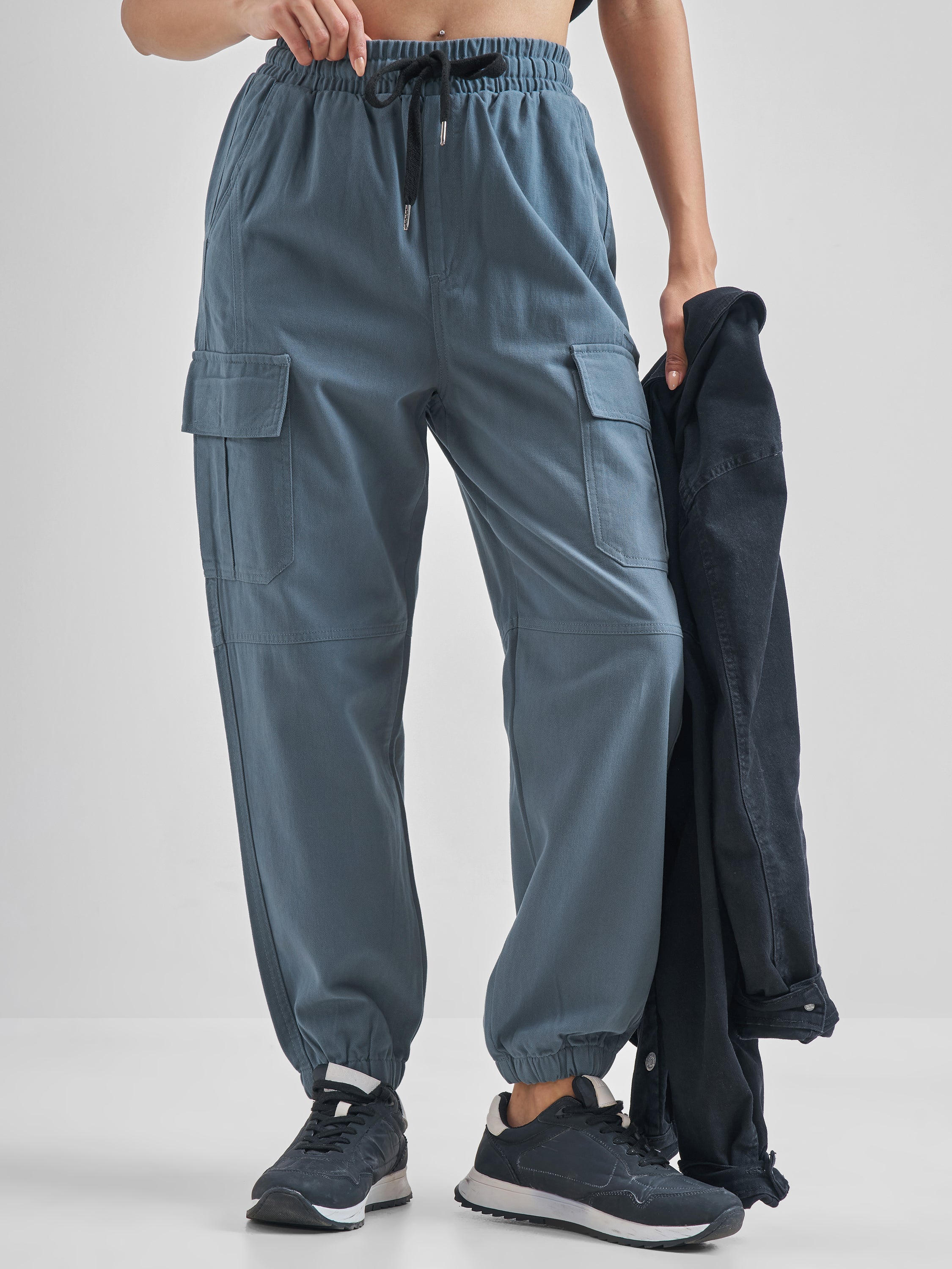 Street By Tokyo Talkies Women Blue Solid Regular Fit Cargos - Blue - Image 1