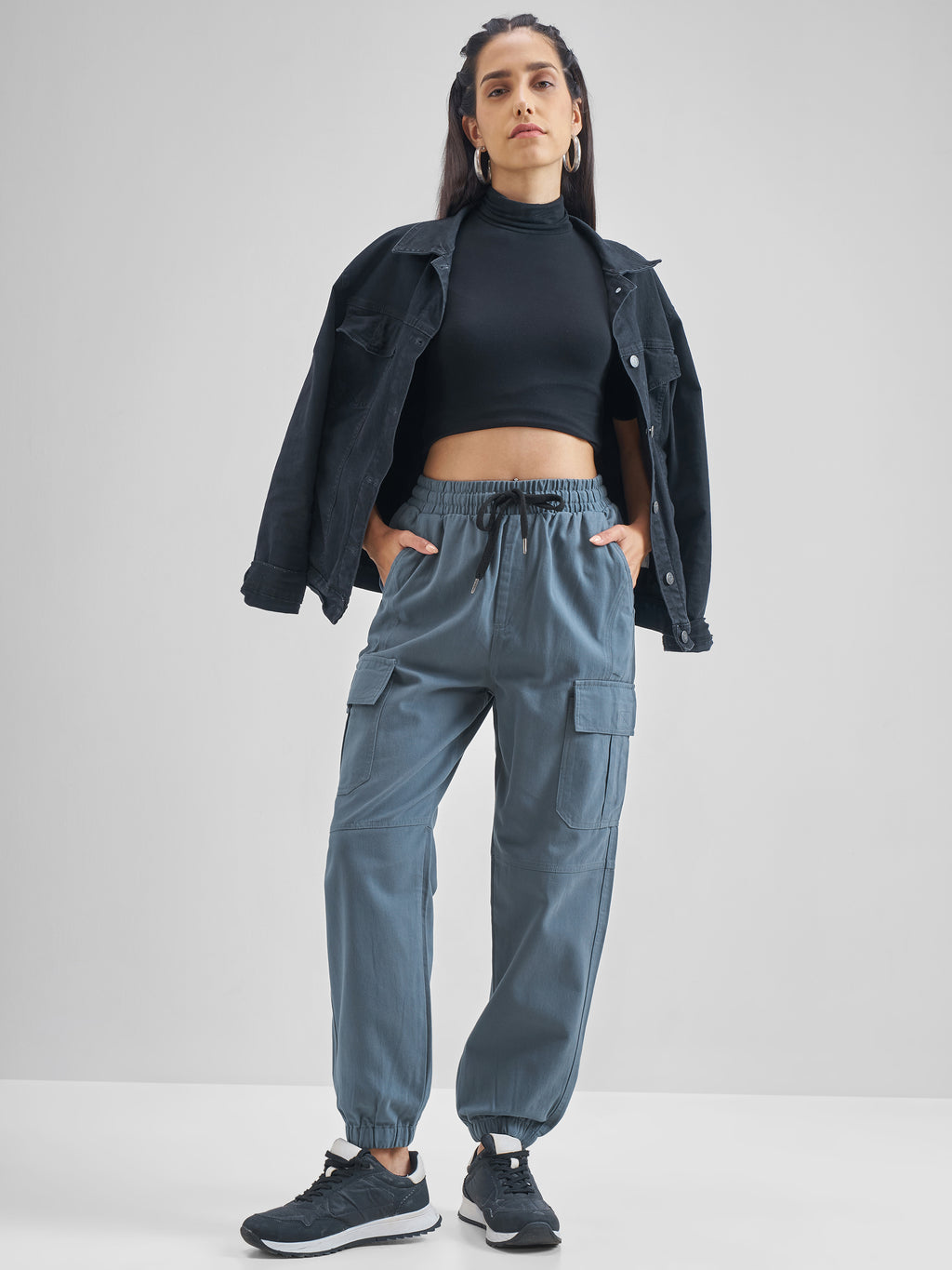 Street By Tokyo Talkies Women Blue Solid Regular Fit Cargos - Blue - Image 2