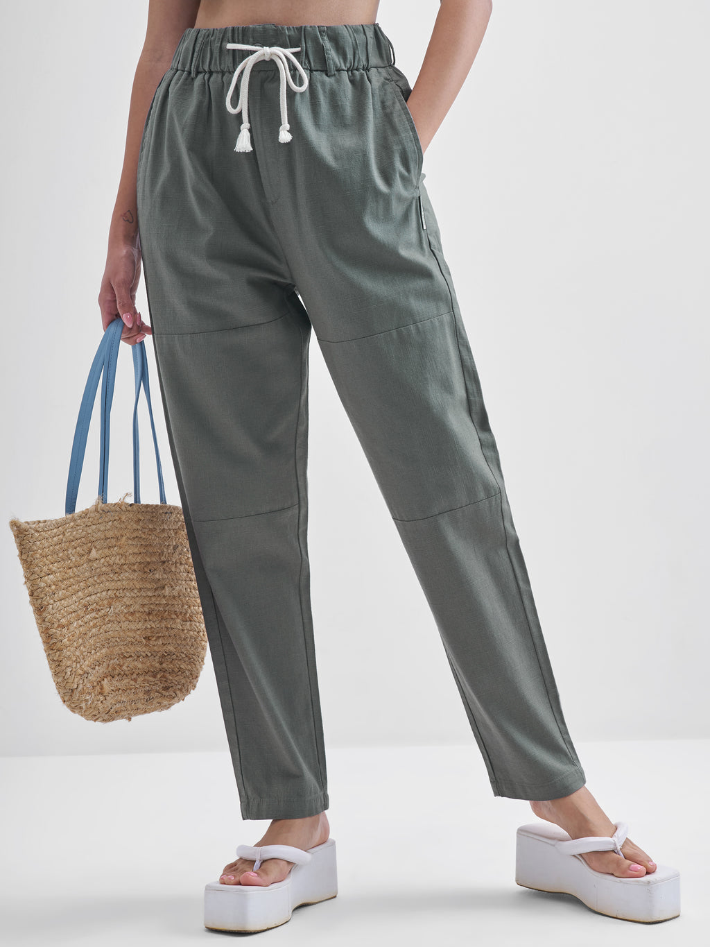 Chic By Tokyo Talkies Women Grey Solid Straight Fit Regular Trousers - Grey - Image 1