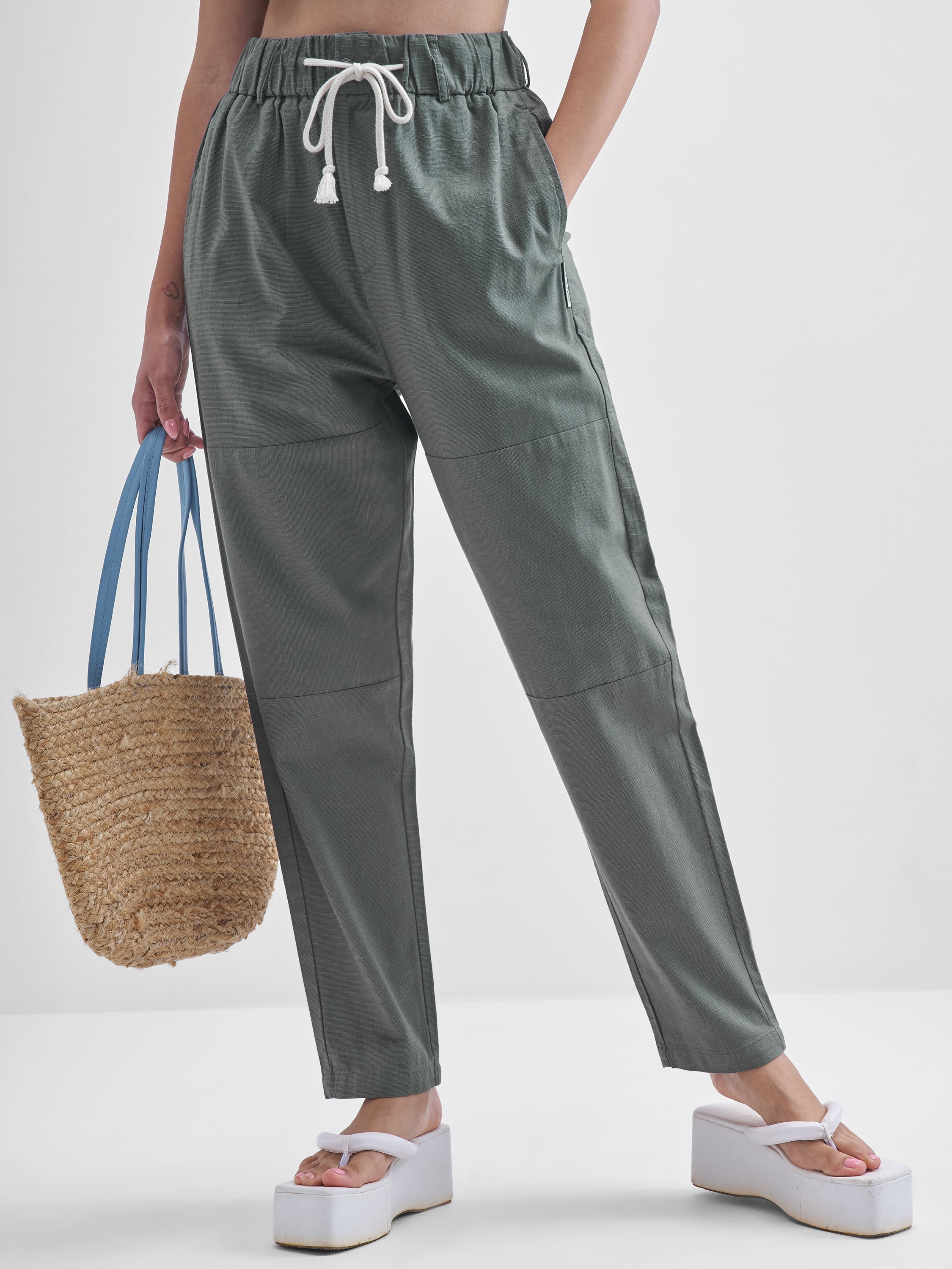 Chic By Tokyo Talkies Women Grey Solid Straight Fit Regular Trousers - Grey - Image 1