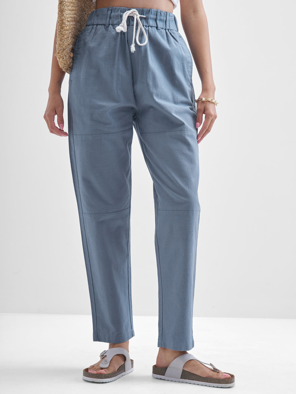 Chic By Tokyo Talkies Women Blue Solid Straight Fit Regular Trousers - Blue - Image 1