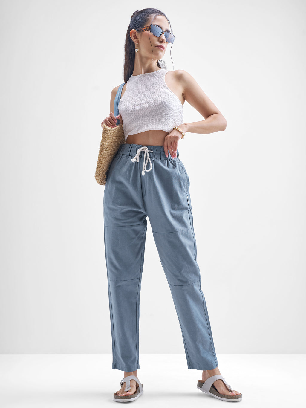 Chic By Tokyo Talkies Women Blue Solid Straight Fit Regular Trousers - Blue - Image 2