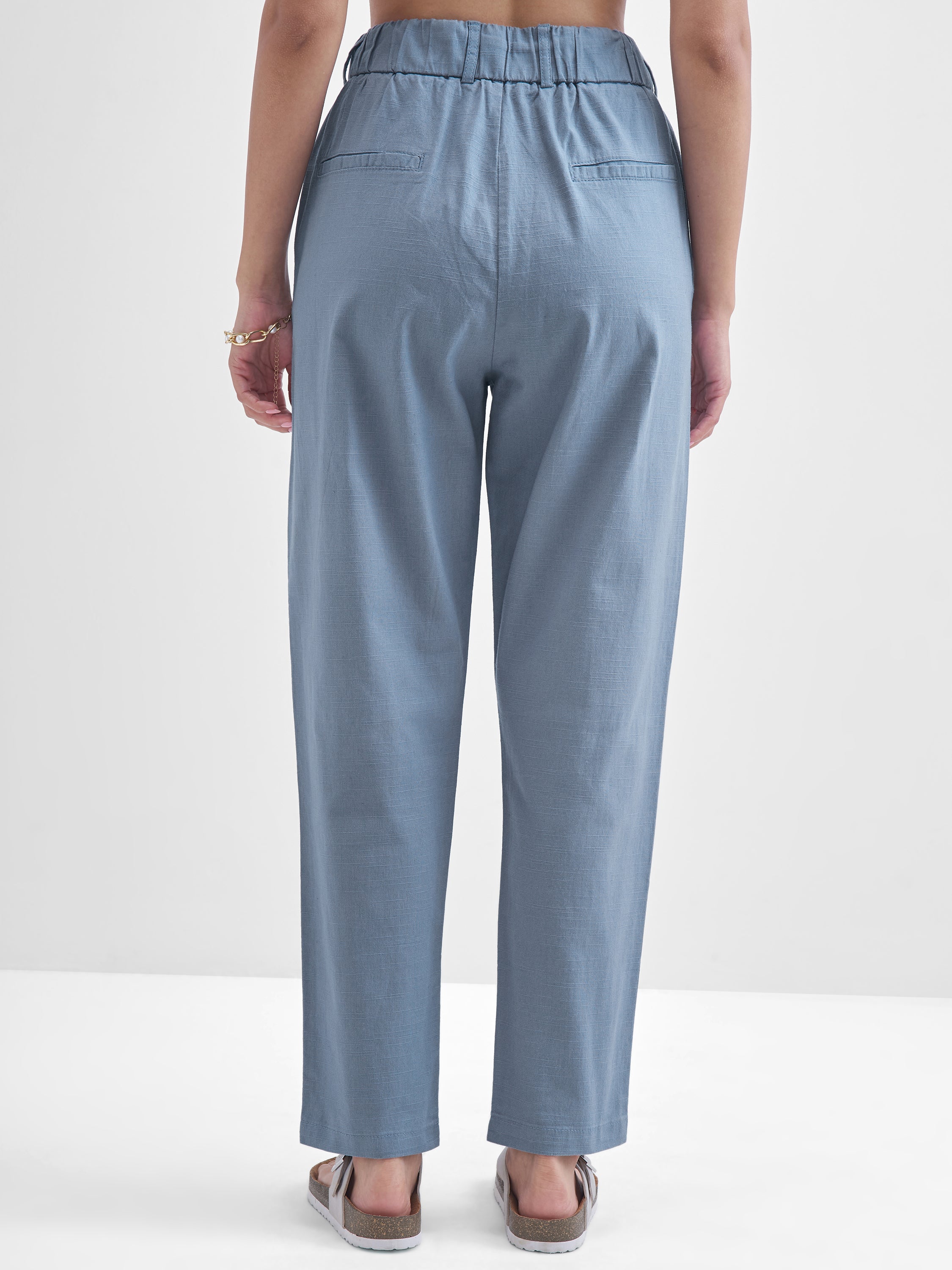Chic By Tokyo Talkies Women Blue Solid Straight Fit Regular Trousers - Blue - Image 3
