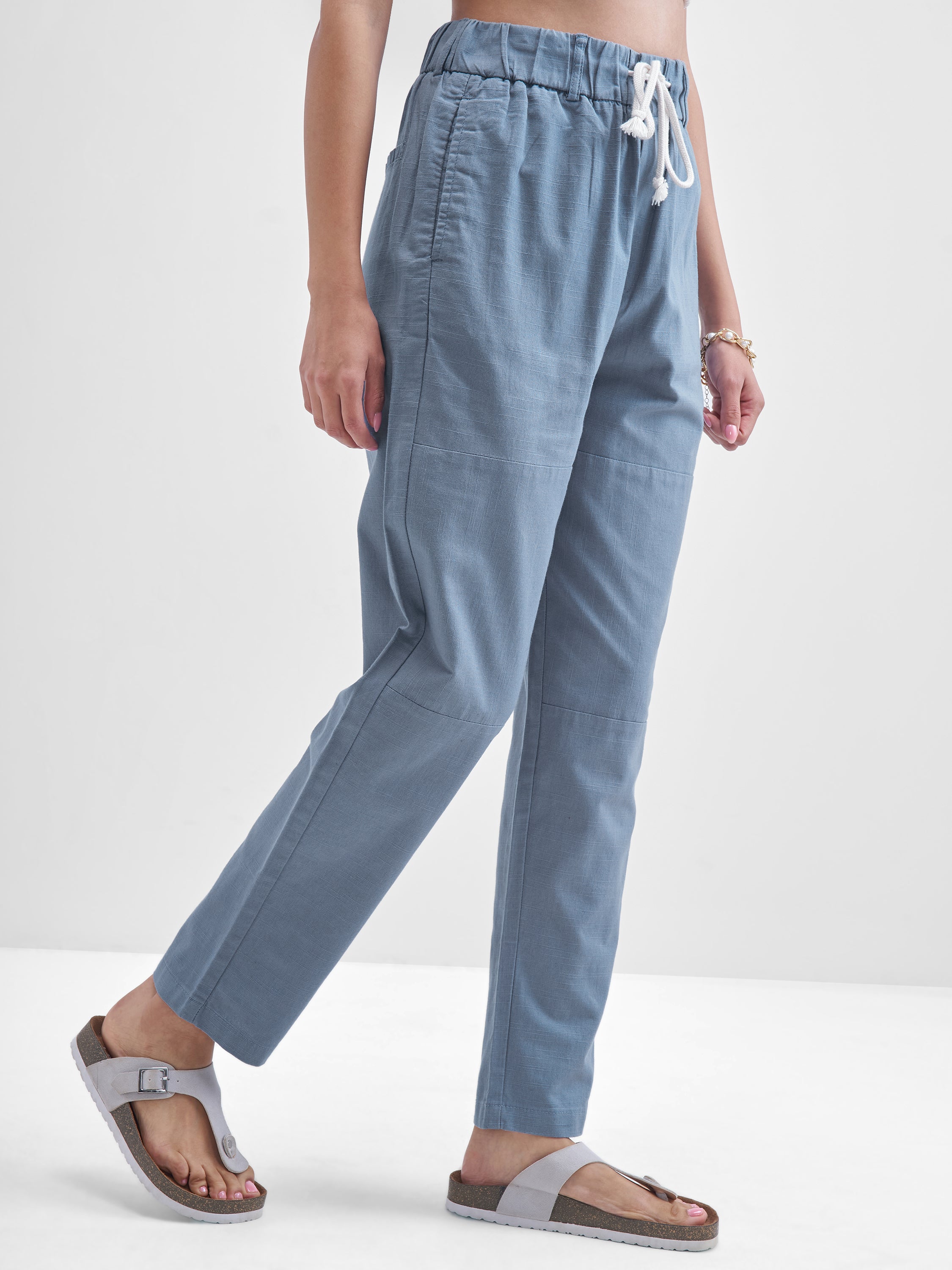 Chic By Tokyo Talkies Women Blue Solid Straight Fit Regular Trousers - Blue - Image 6