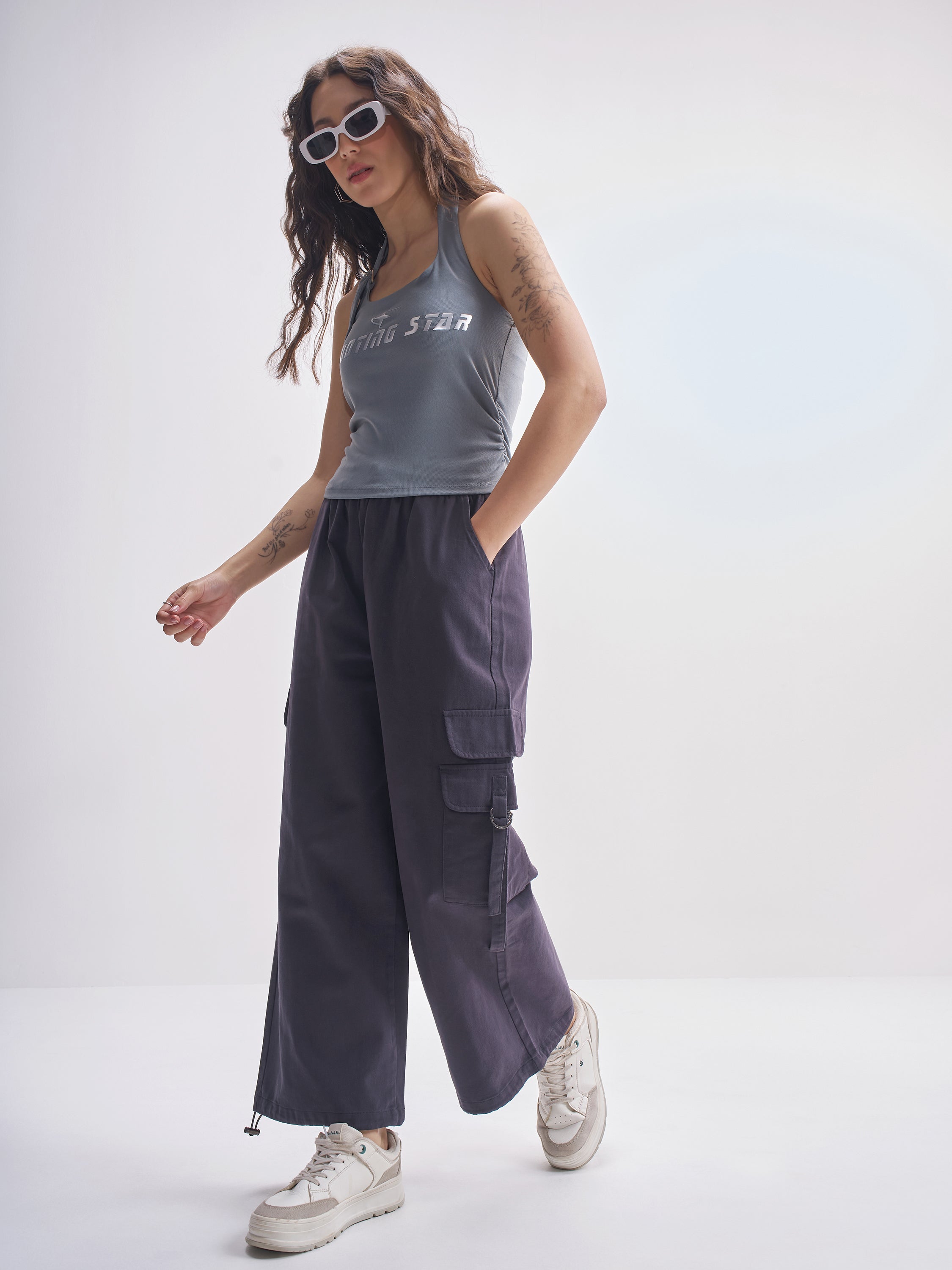 Tokyo Talkies Women Navy Blue Solid Straight Fit Cargos - Navy Blue - Image 2