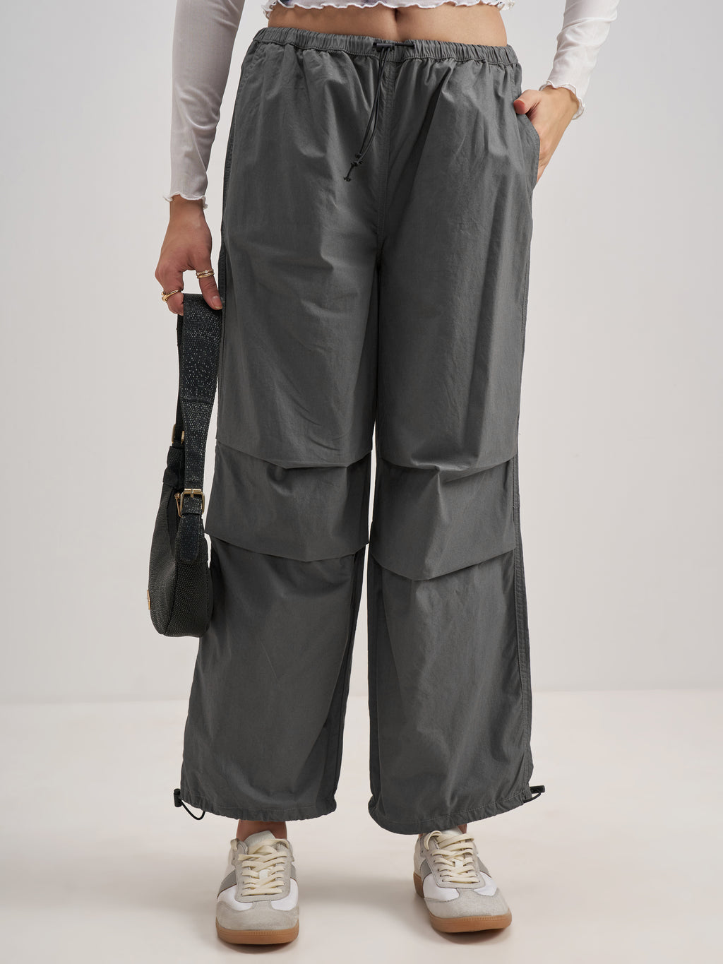 Tokyo Talkies Women Grey Solid Relaxed Fit Cargos - Grey - Image 1