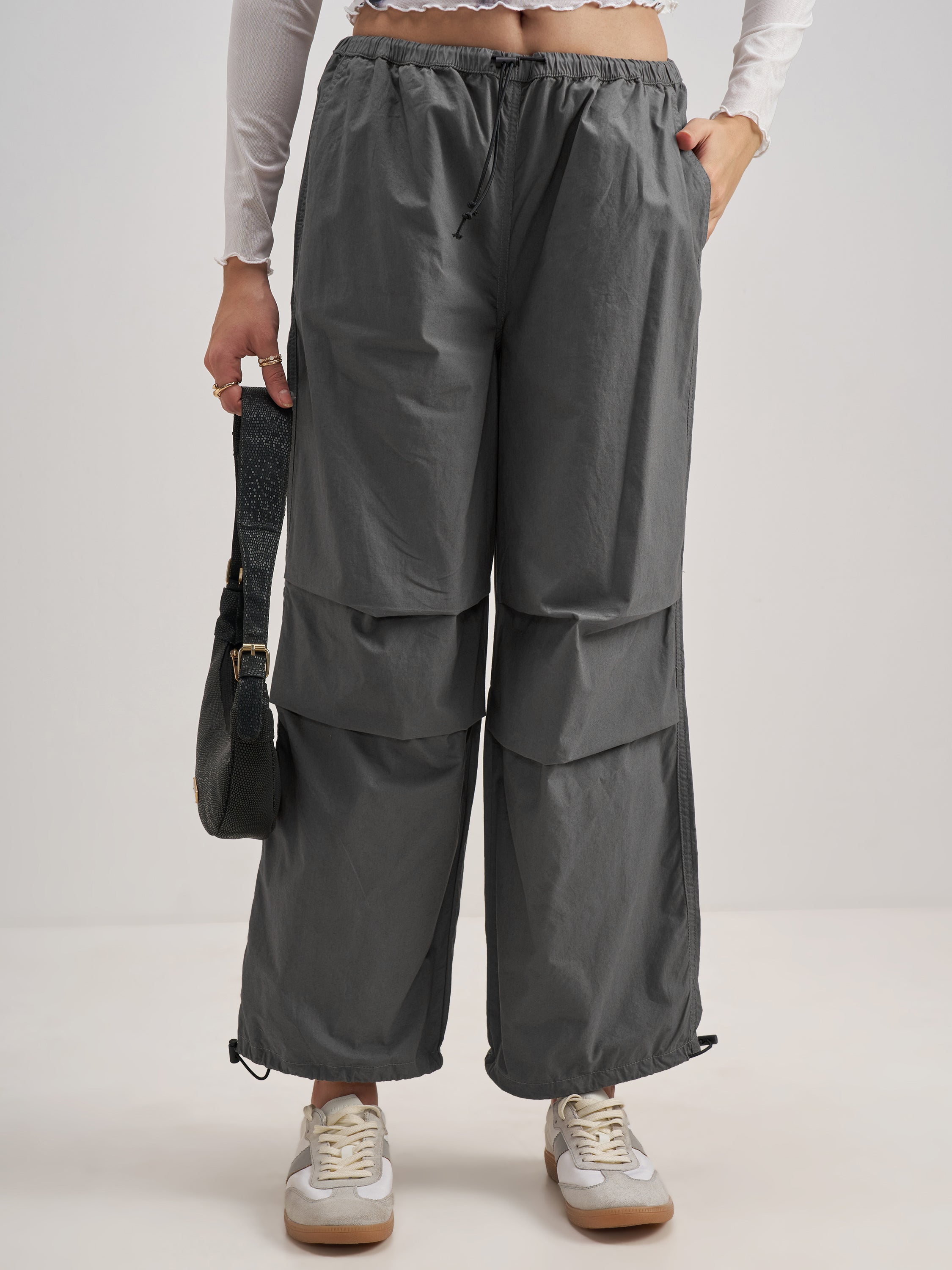 Tokyo Talkies Women Grey Solid Relaxed Fit Cargos - Grey - Image 1
