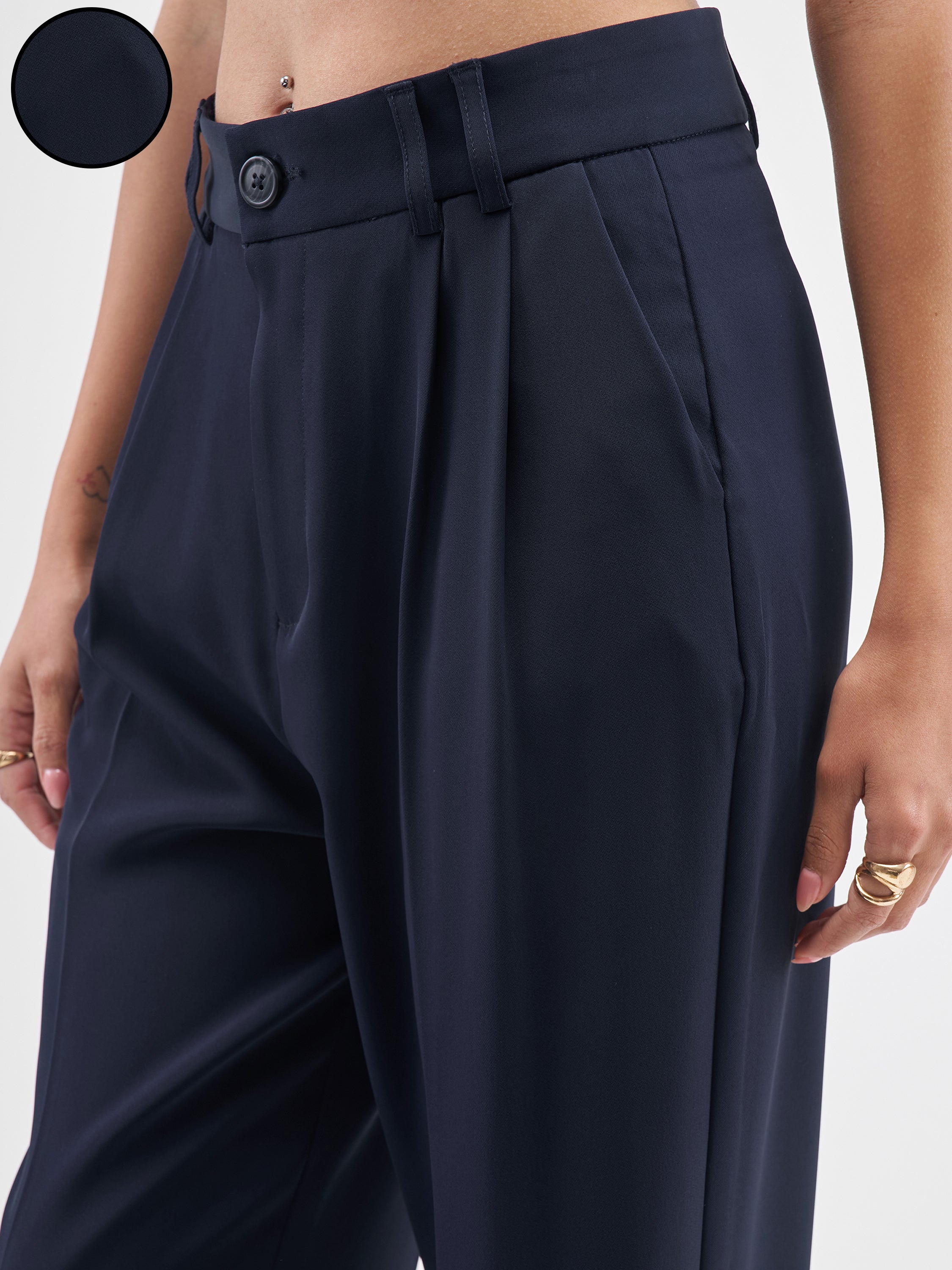 Chic By Tokyo Talkies Women Navy Blue Solid Tapered Fit Regular Trouser - Navy Blue - Image 5