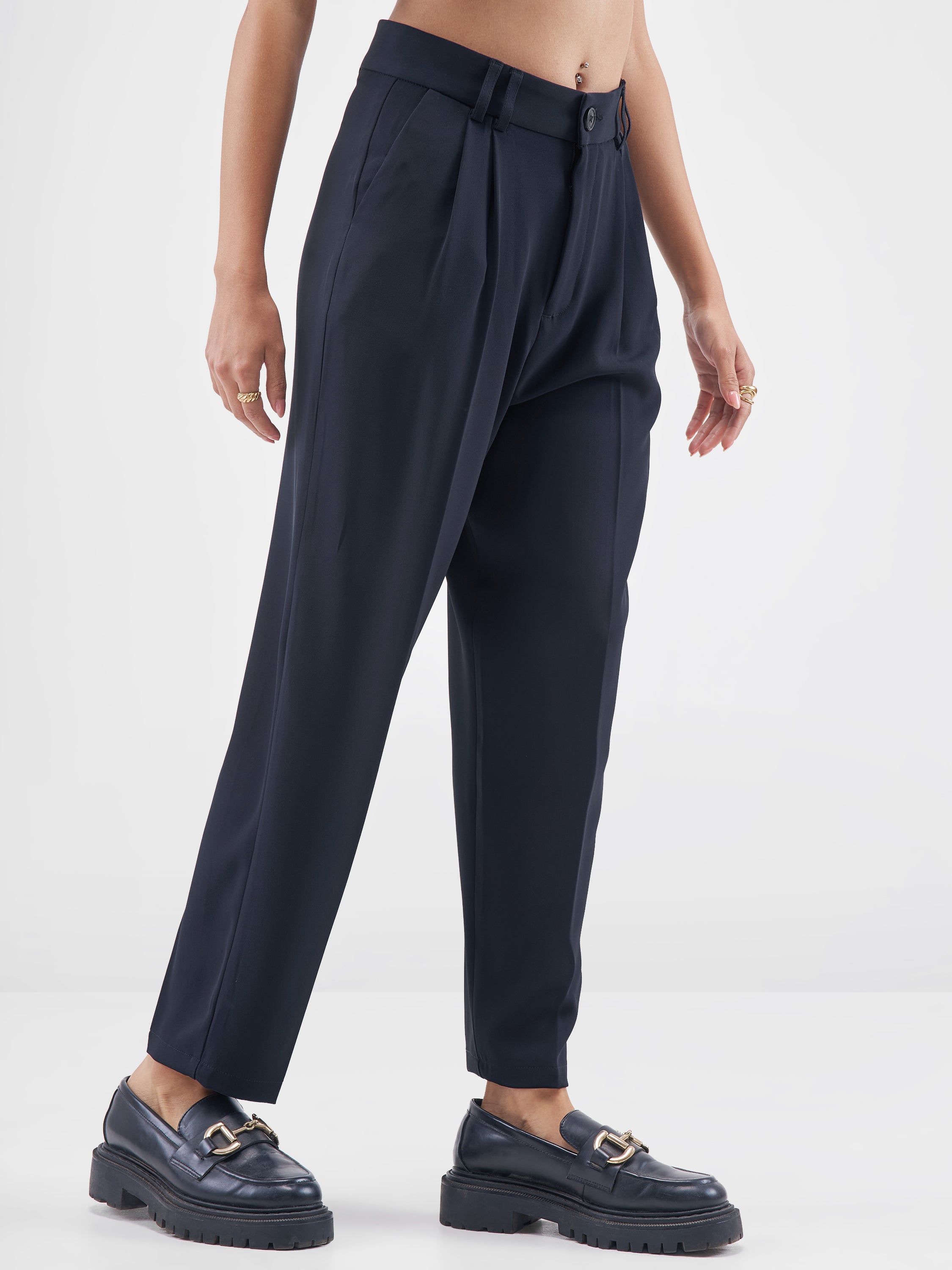 Chic By Tokyo Talkies Women Navy Blue Solid Tapered Fit Regular Trouser - Navy Blue - Image 6