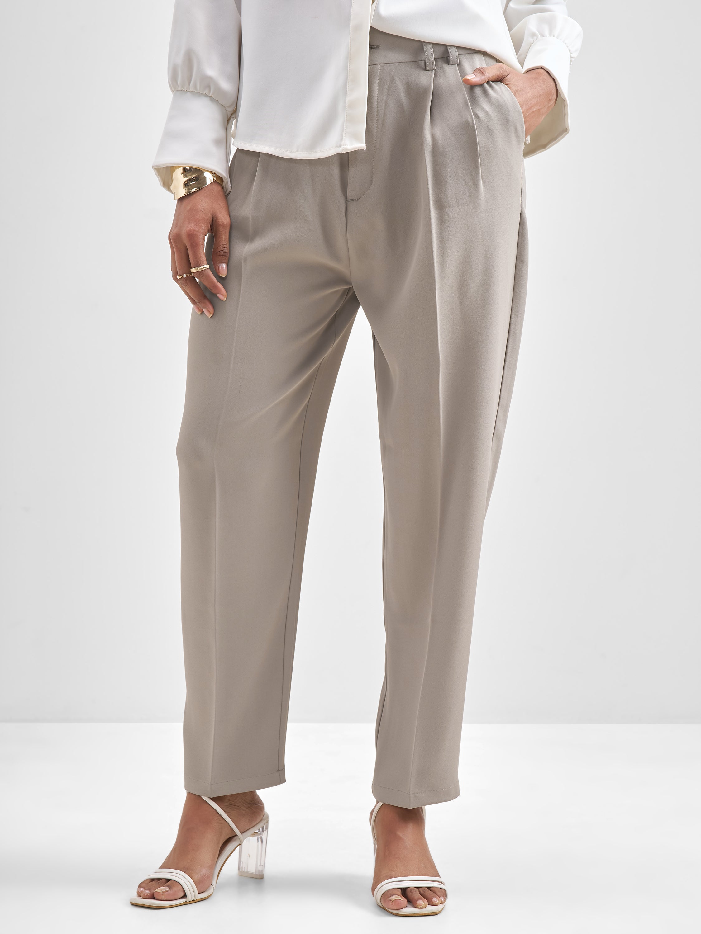 Chic By Tokyo Talkies Women Beige Solid Tapered Fit Trouser - Beige - Image 1
