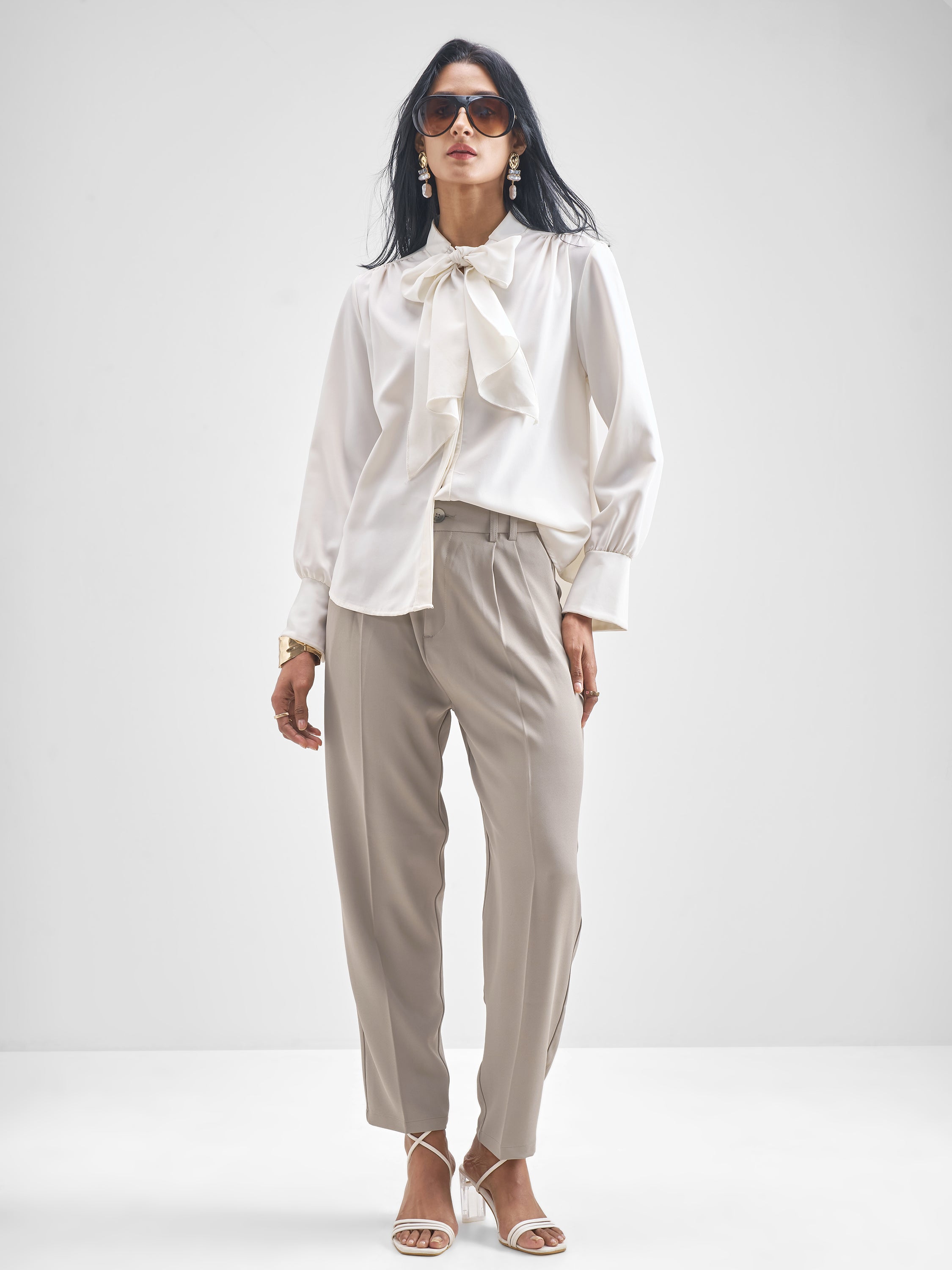 Chic By Tokyo Talkies Women Beige Solid Tapered Fit Trouser - Beige - Image 2