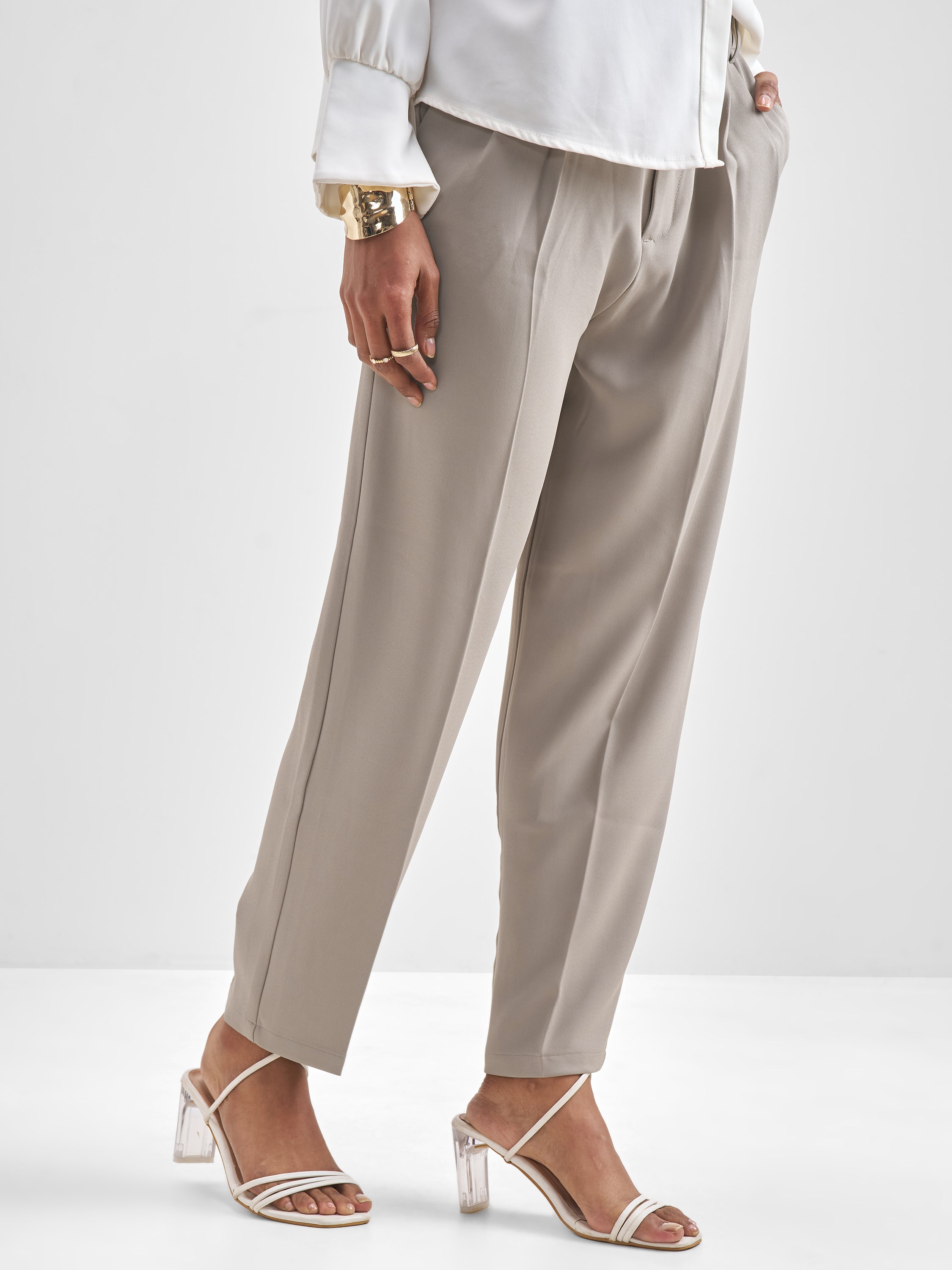 Chic By Tokyo Talkies Women Beige Solid Tapered Fit Trouser - Beige - Image 6