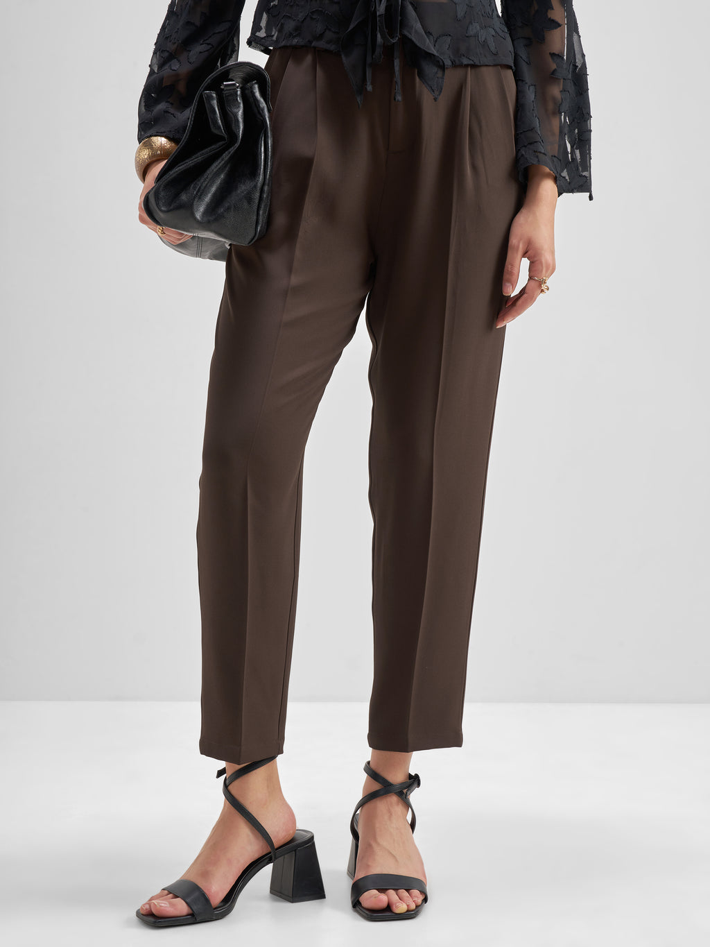Tokyo Talkies Women Brown Solid Tapered Fit Regular Trouser - Brown - Image 1