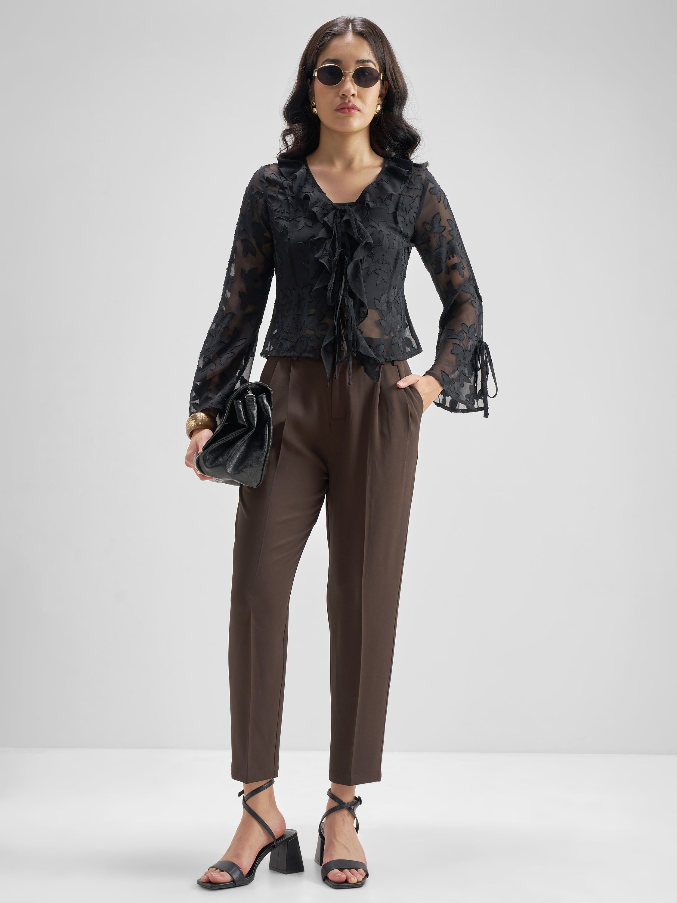 Tokyo Talkies Women Brown Solid Tapered Fit Regular Trouser - Brown - Image 2