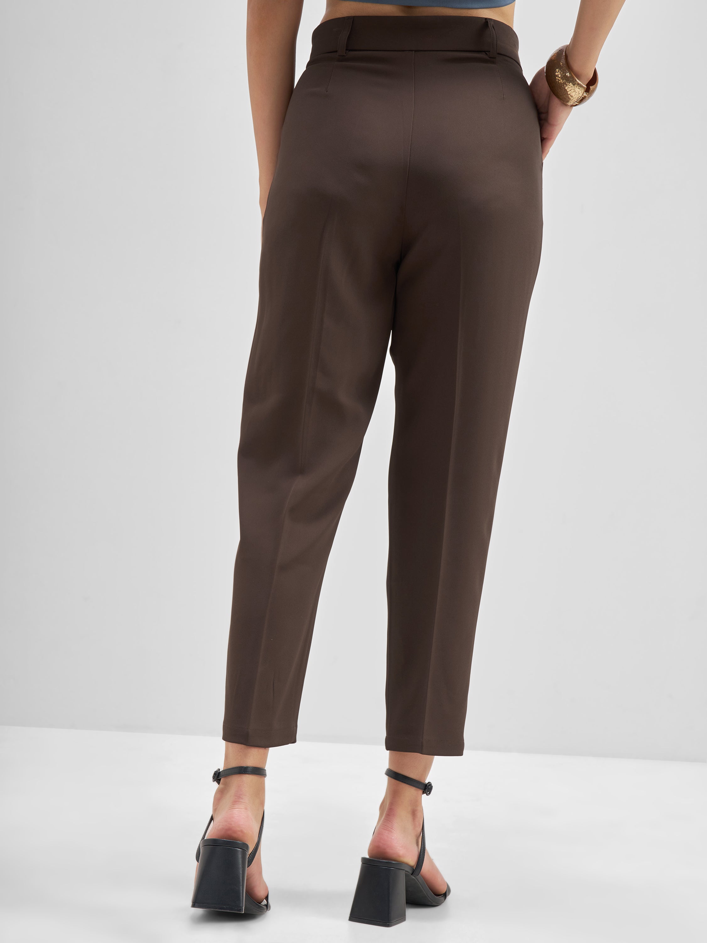 Tokyo Talkies Women Brown Solid Tapered Fit Regular Trouser - Brown - Image 3