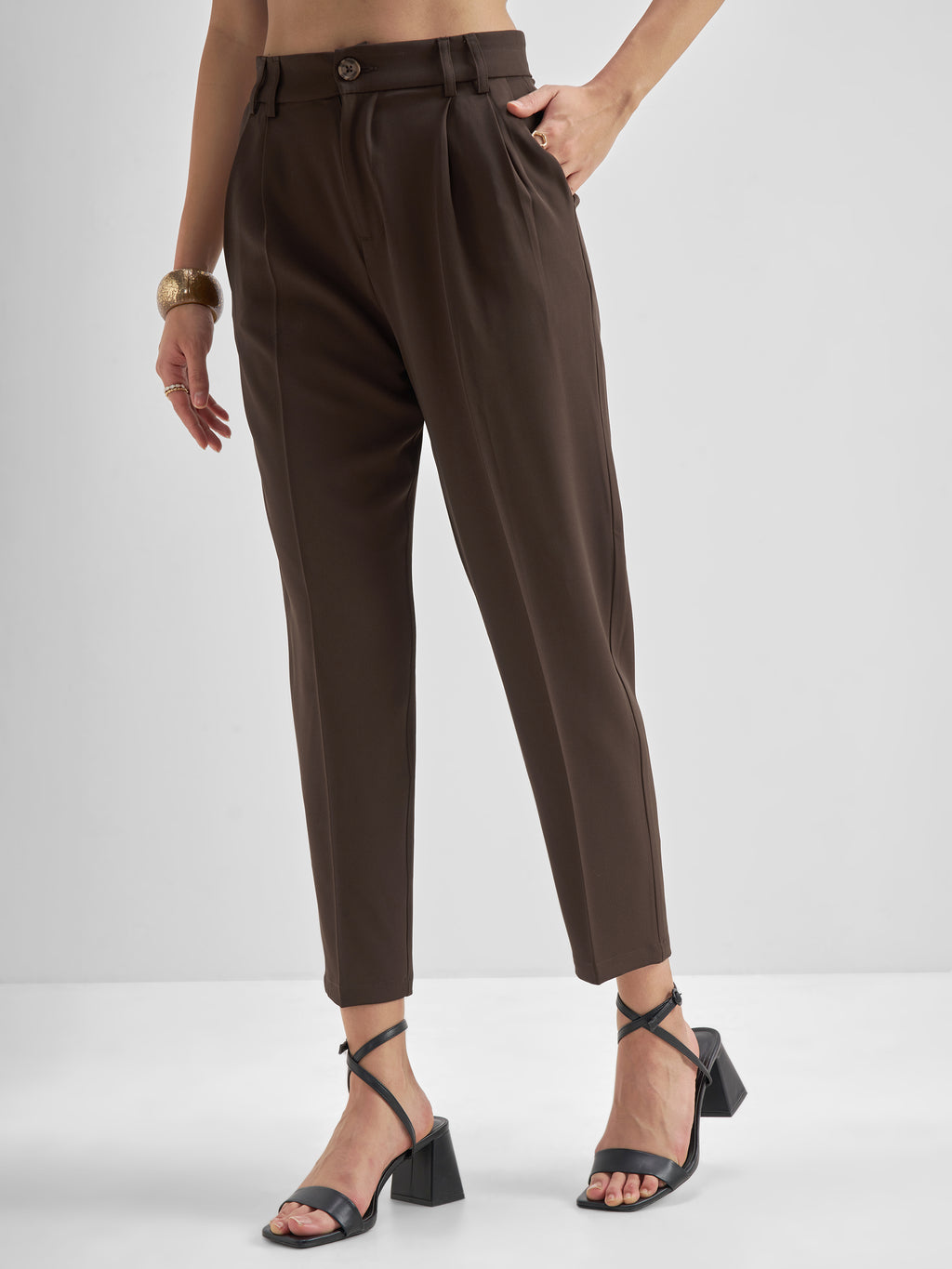 Tokyo Talkies Women Brown Solid Tapered Fit Regular Trouser - Brown - Image 4