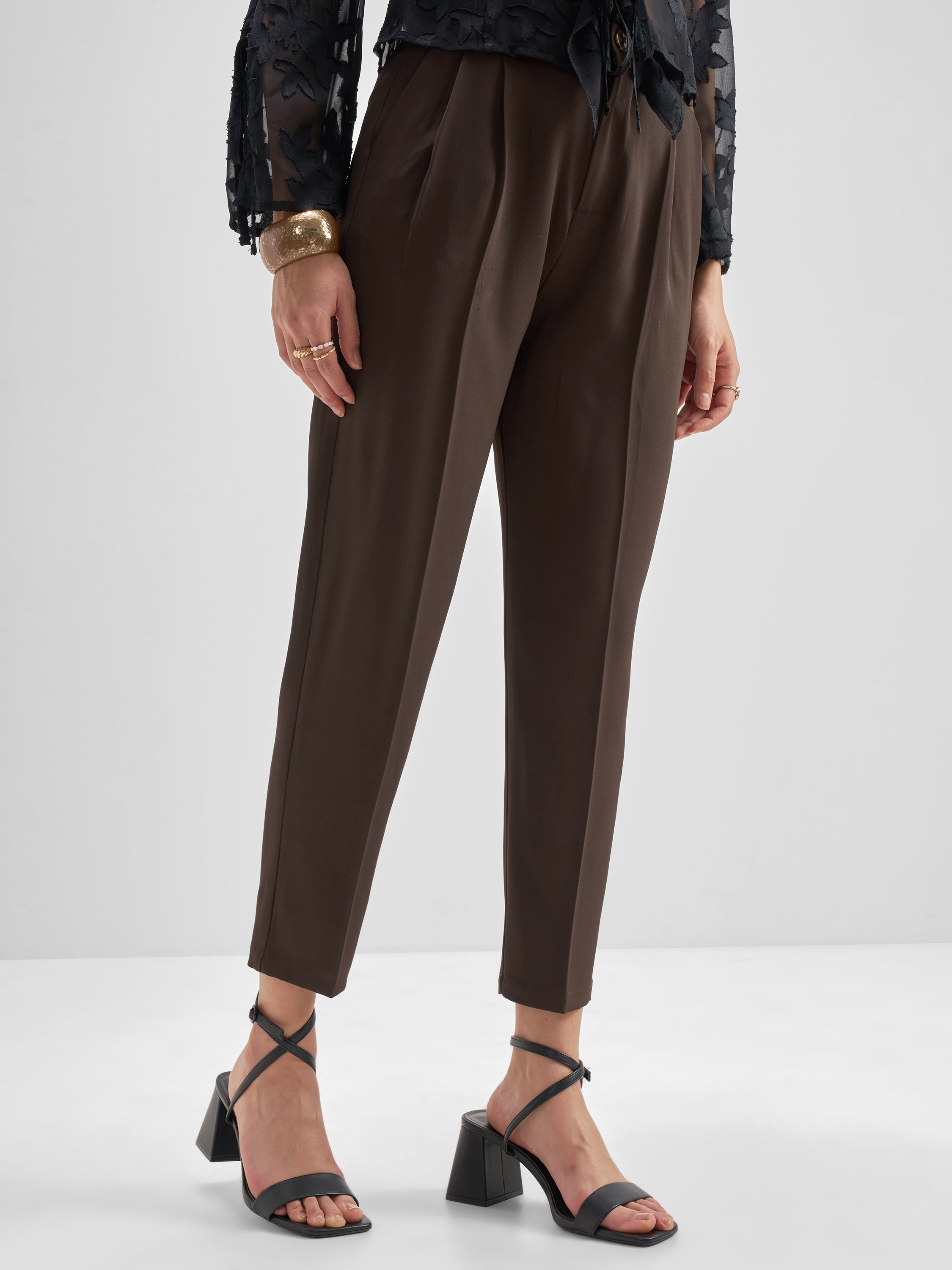 Tokyo Talkies Women Brown Solid Tapered Fit Regular Trouser - Brown - Image 6