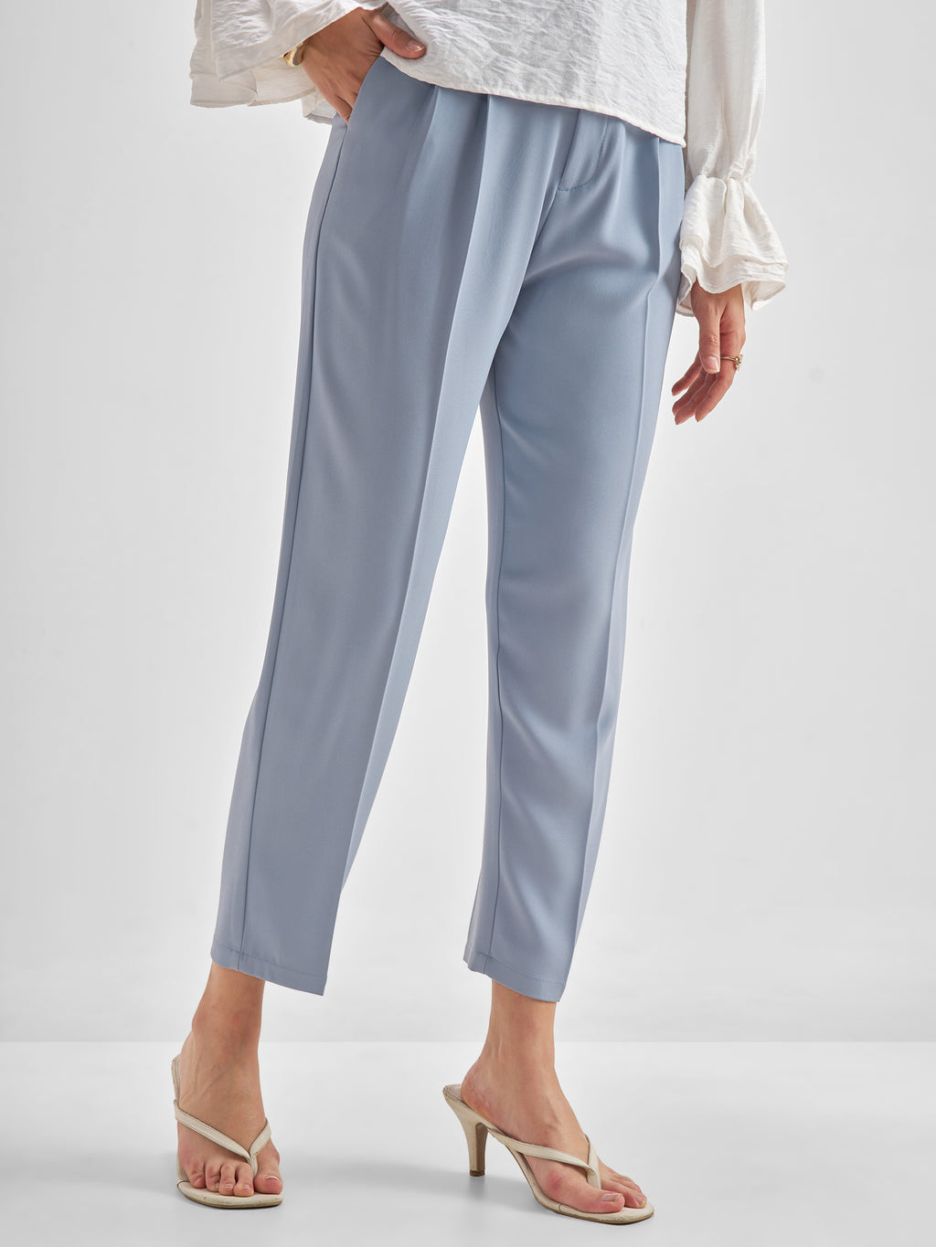 Chic By Tokyo Talkies Women Blue Solid Tapered Fit Regular Trouser - Blue - Image 1