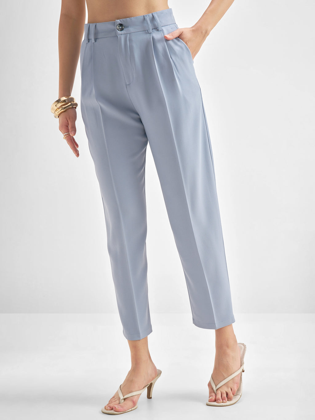 Chic By Tokyo Talkies Women Blue Solid Tapered Fit Regular Trouser - Blue - Image 4