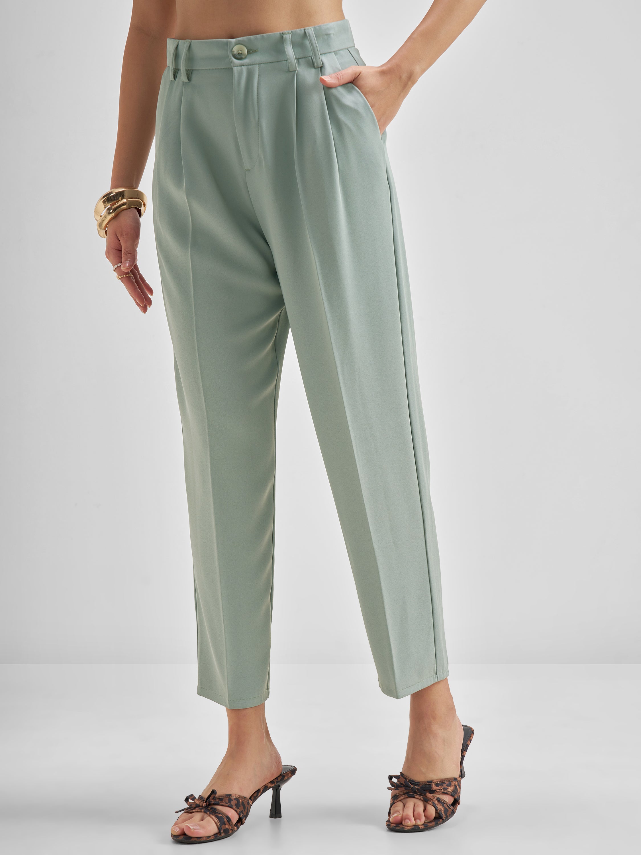 Tokyo Talkies Women Blue Solid Tapered Fit Regular Trouser - Blue - Image 4