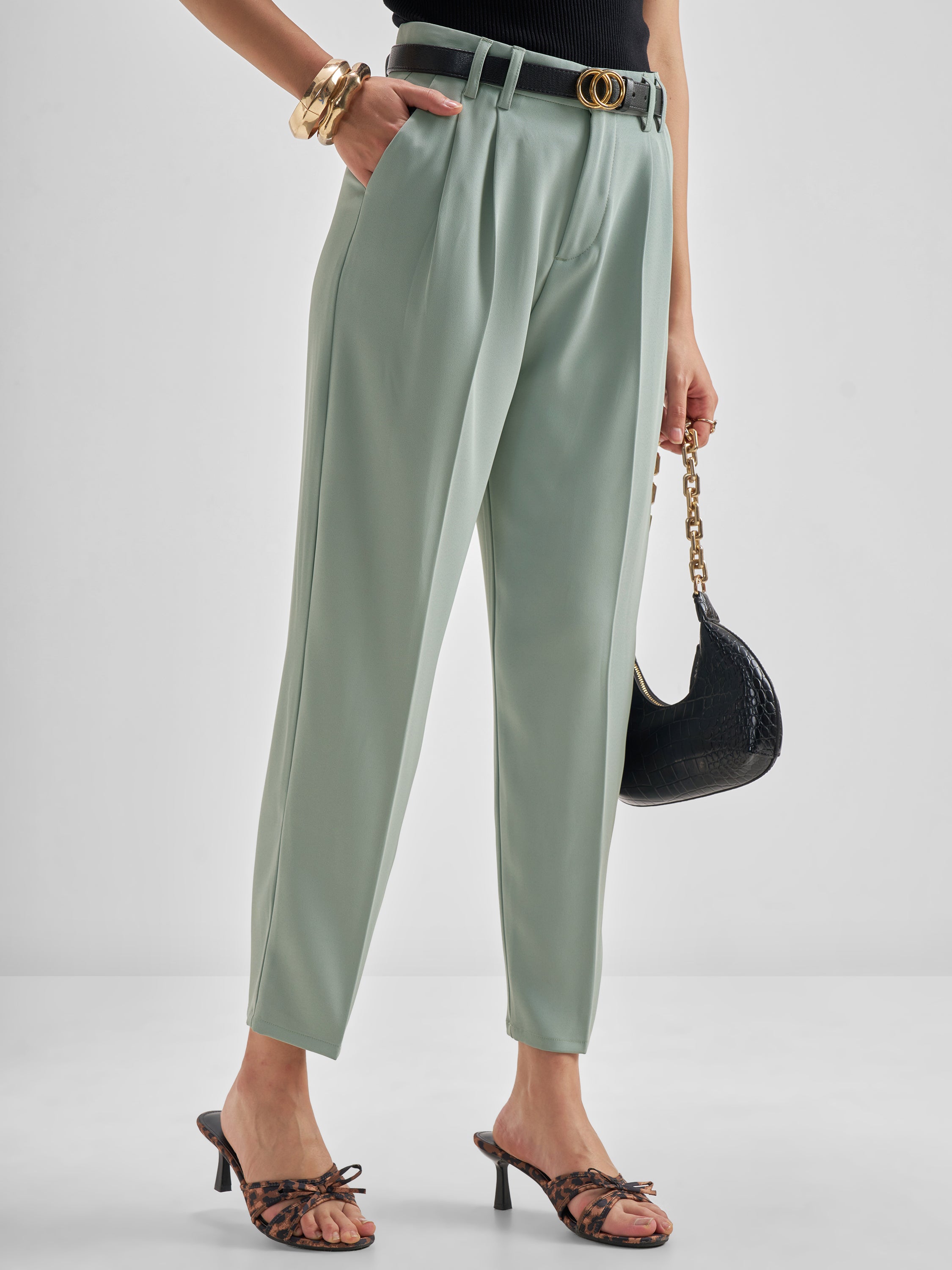 Tokyo Talkies Women Blue Solid Tapered Fit Regular Trouser - Blue - Image 6