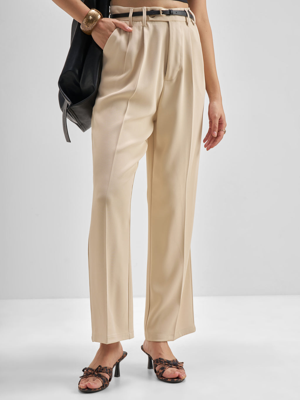 Tokyo Talkies Women Beige Solid Straight Fit Formal Trouser - Beige - Image 1