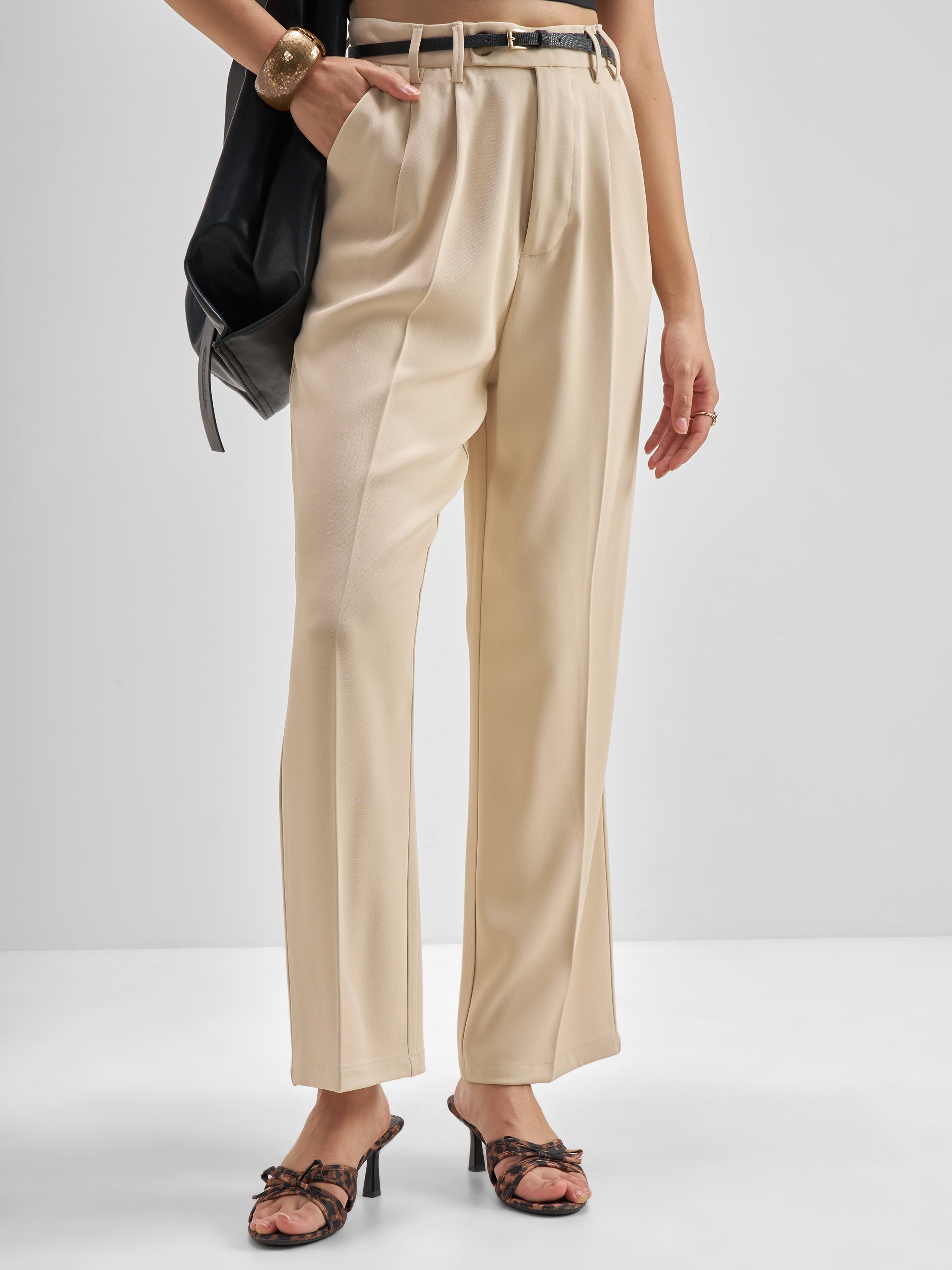 Tokyo Talkies Women Beige Solid Straight Fit Formal Trouser - Beige - Image 1