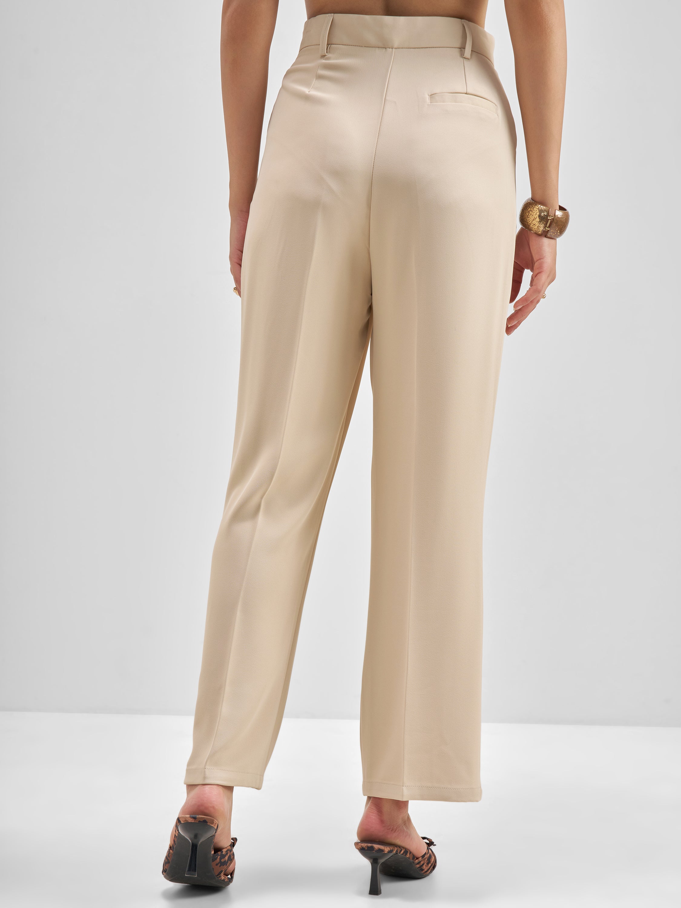Tokyo Talkies Women Beige Solid Straight Fit Formal Trouser - Beige - Image 3