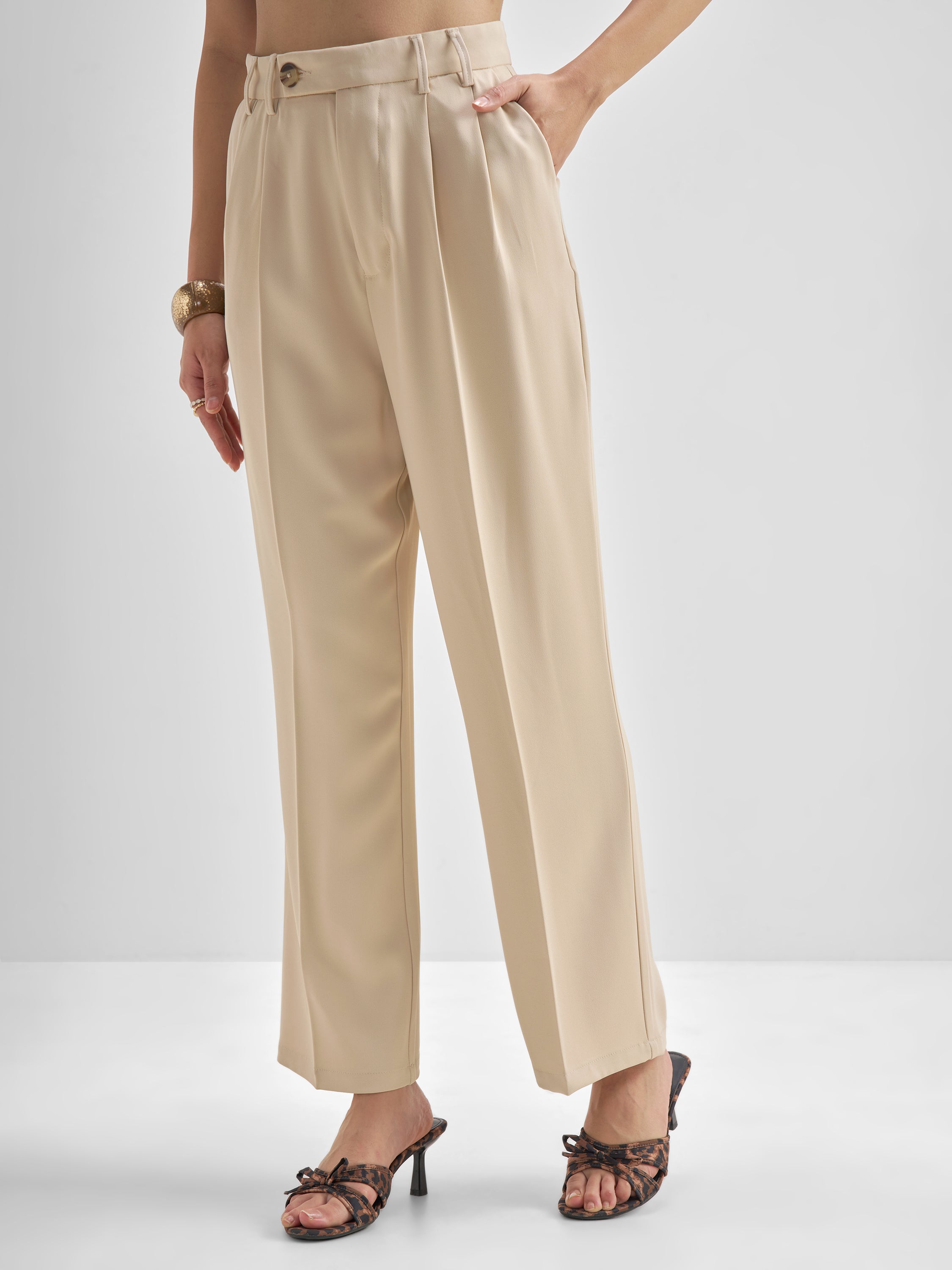 Tokyo Talkies Women Beige Solid Straight Fit Formal Trouser - Beige - Image 4
