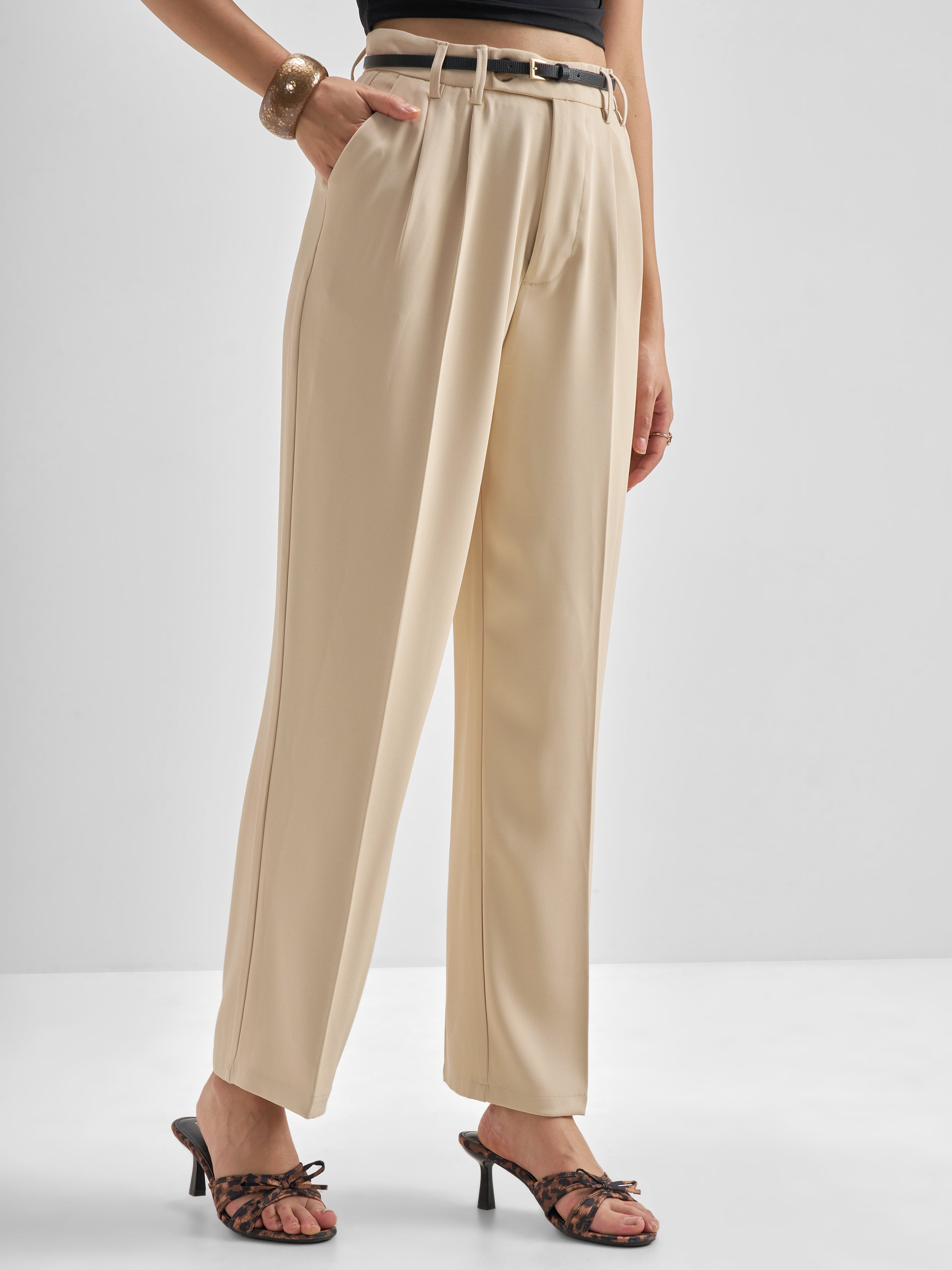 Tokyo Talkies Women Beige Solid Straight Fit Formal Trouser - Beige - Image 6