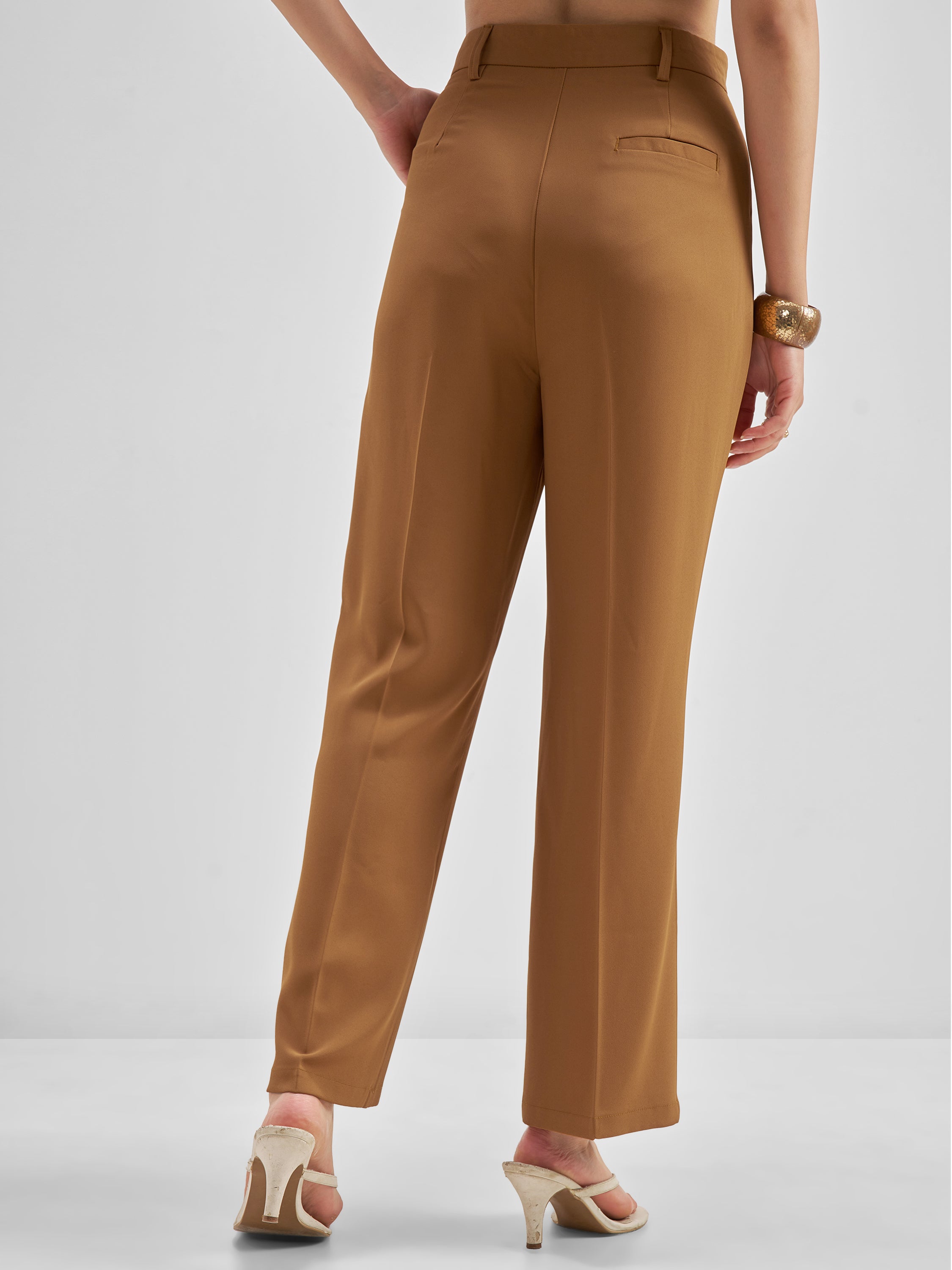 Tokyo Talkies Women Brown Solid Straight Fit Formal Trouser - Brown - Image 3