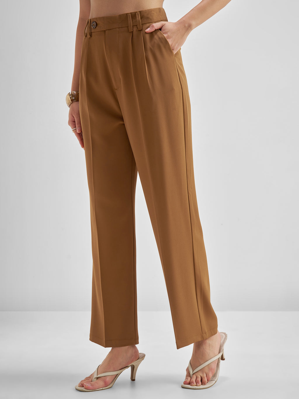 Tokyo Talkies Women Brown Solid Straight Fit Formal Trouser - Brown - Image 4