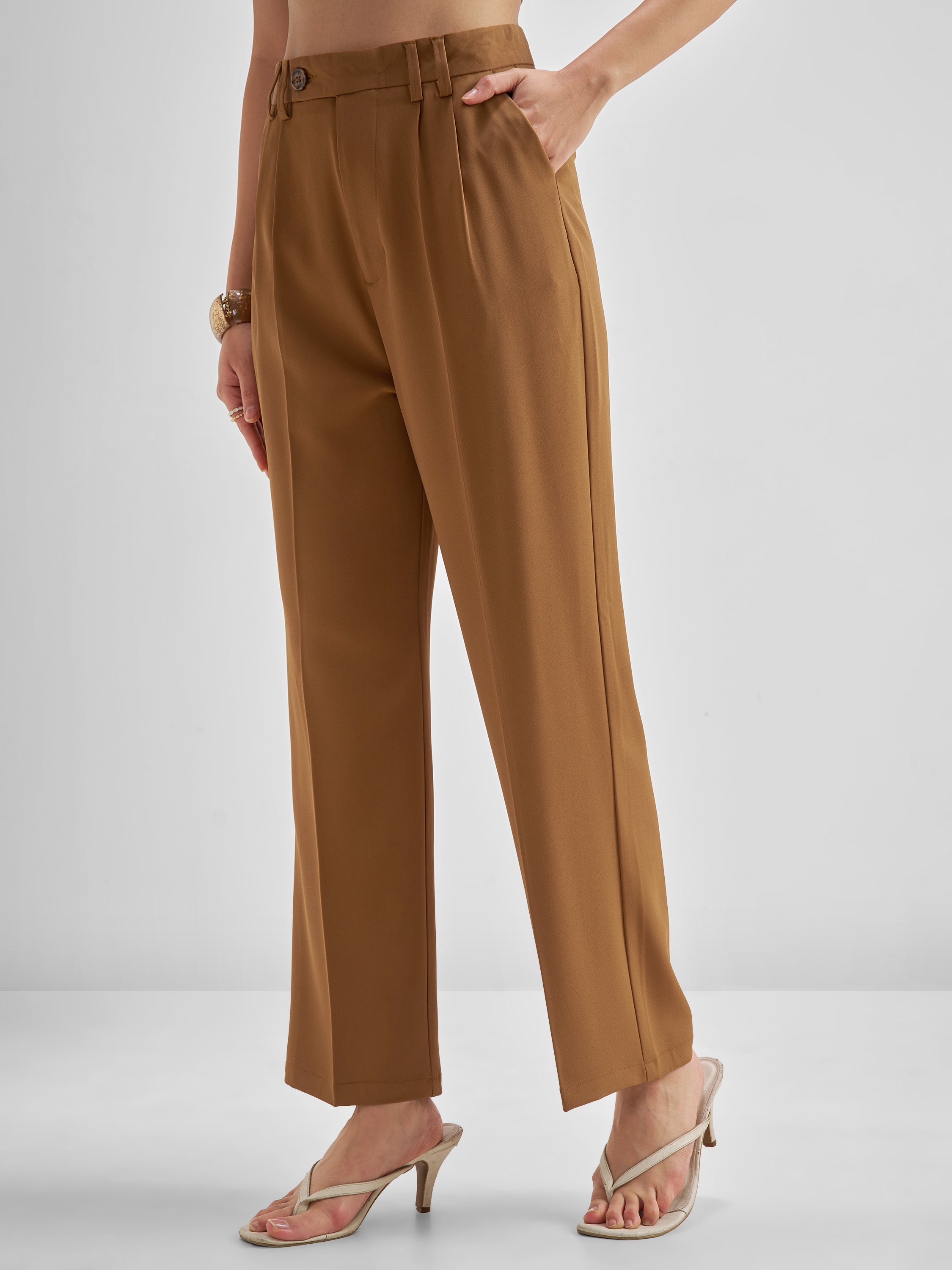Tokyo Talkies Women Brown Solid Straight Fit Formal Trouser - Brown - Image 4