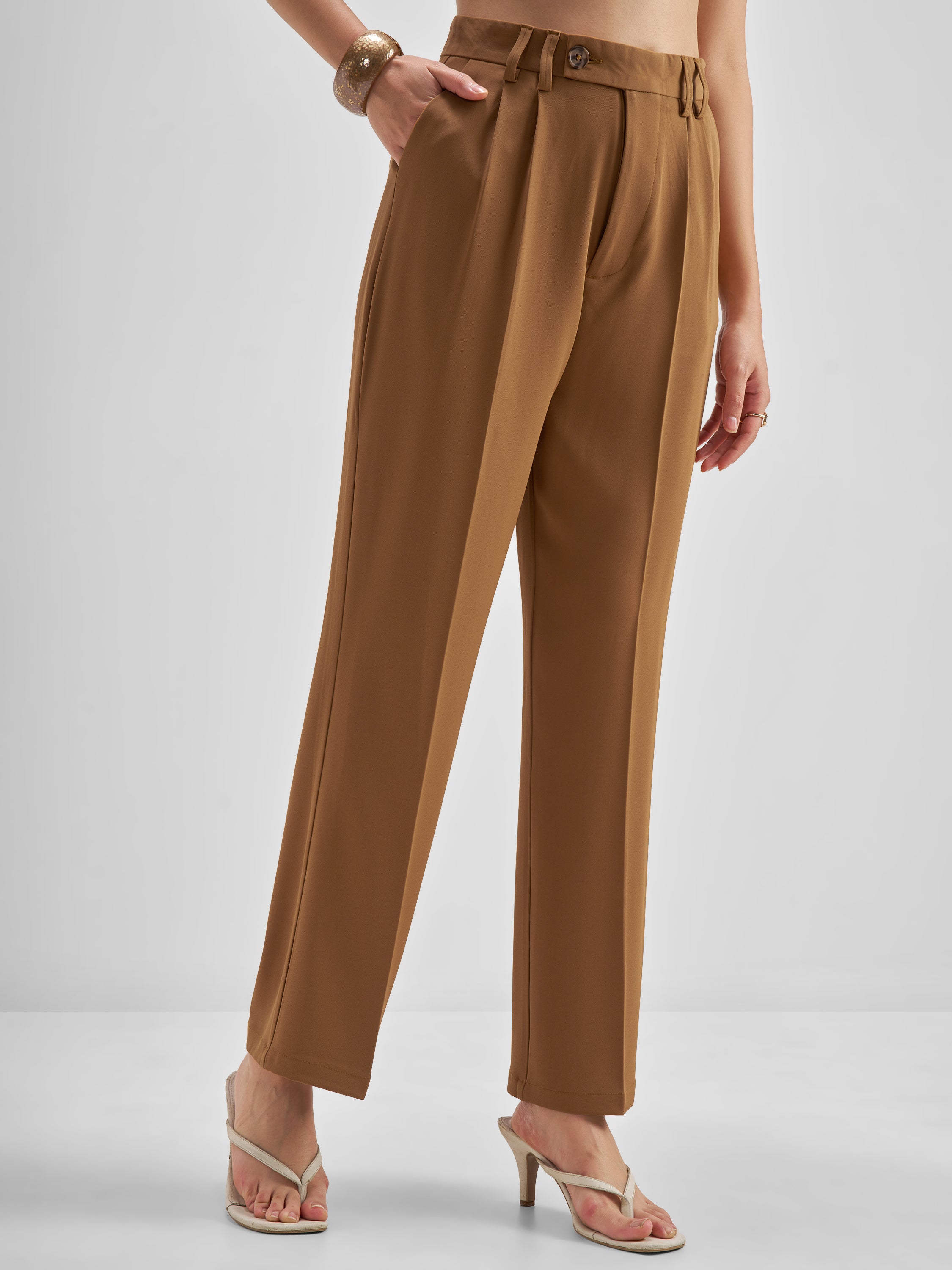 Tokyo Talkies Women Brown Solid Straight Fit Formal Trouser - Brown - Image 6