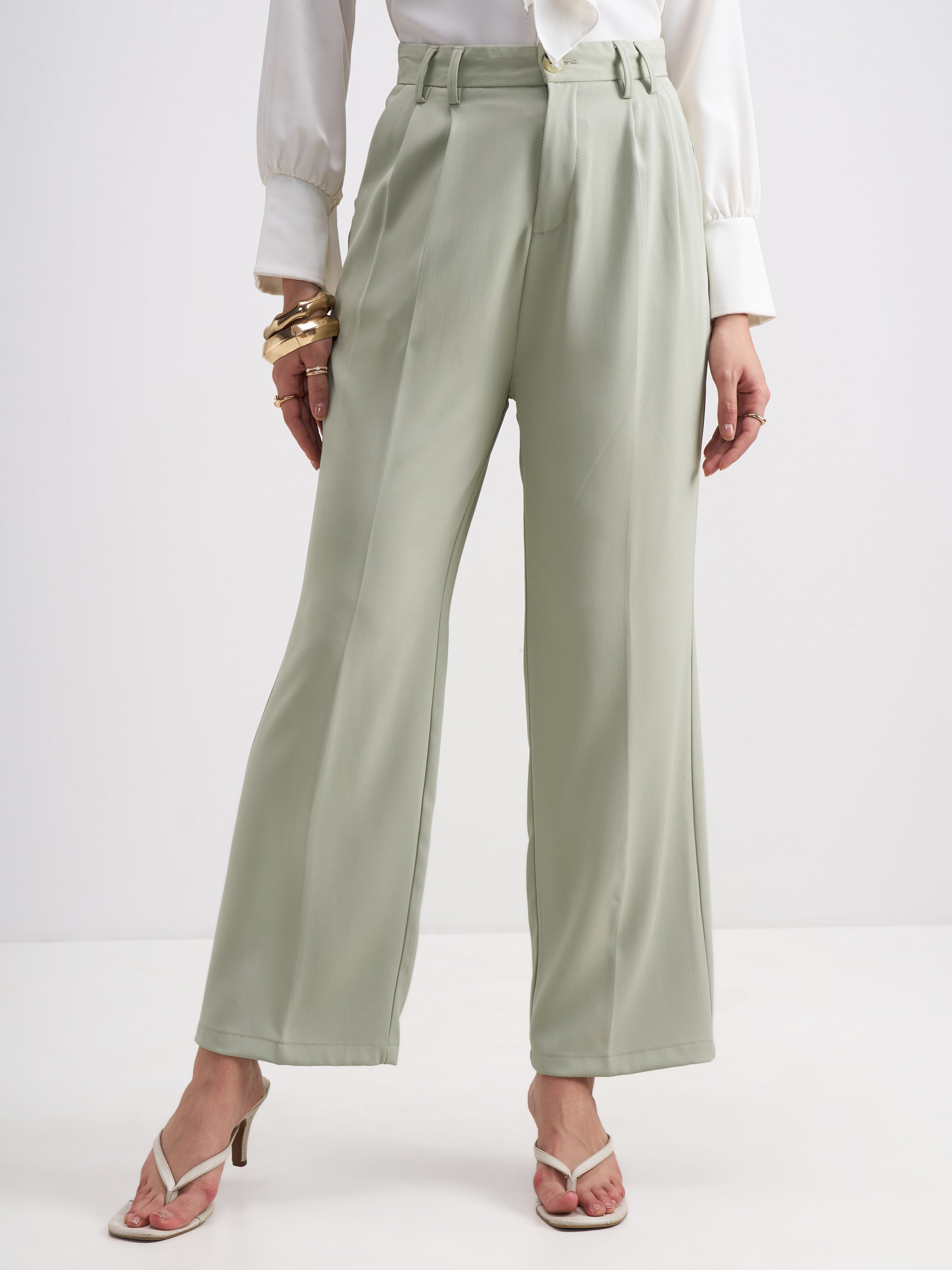 Tokyo Talkies Women Green Solid Straight Fit Formal Trouser - Green - Image 1