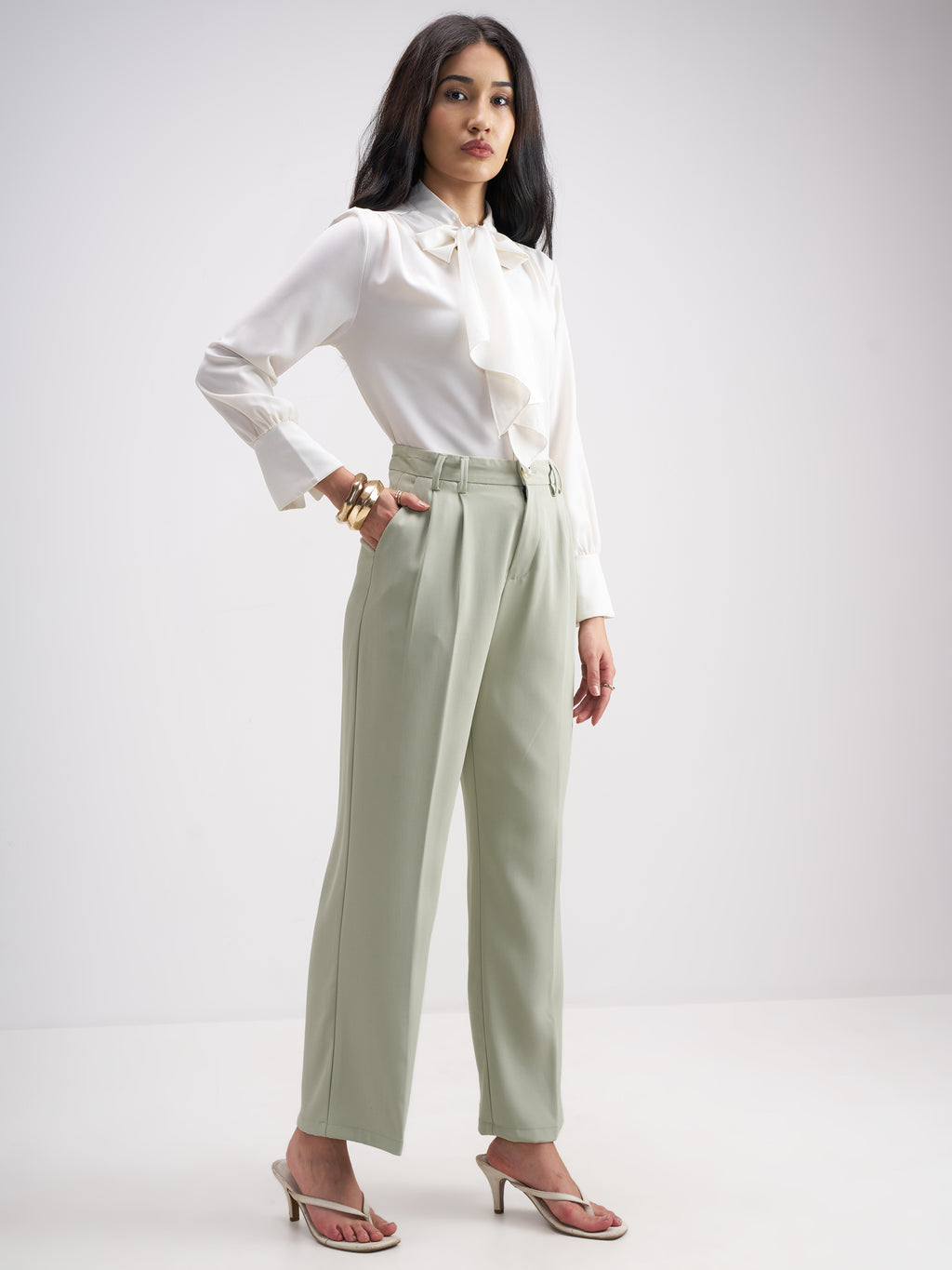 Tokyo Talkies Women Green Solid Straight Fit Formal Trouser - Green - Image 2