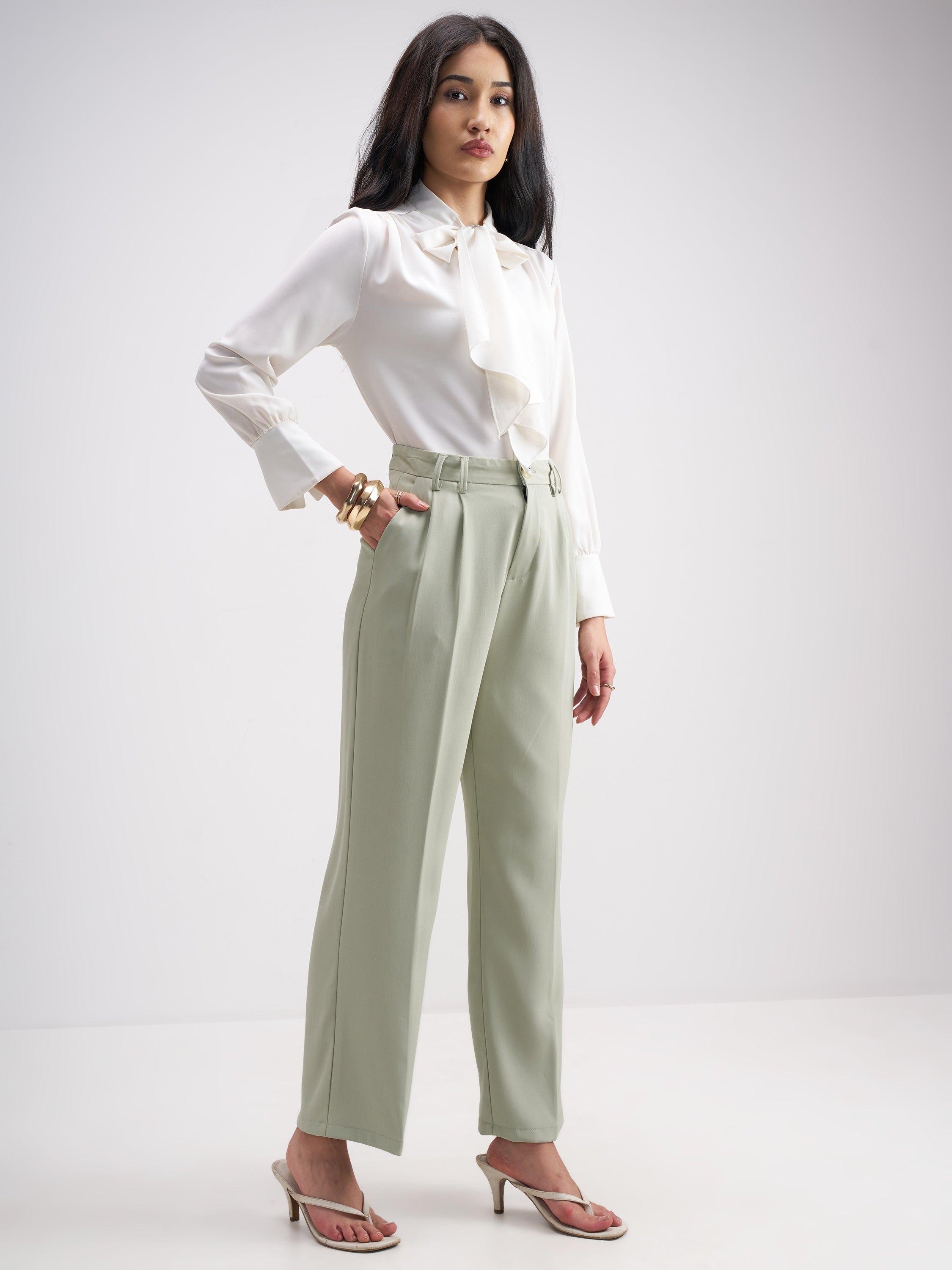 Tokyo Talkies Women Green Solid Straight Fit Formal Trouser - Green - Image 2