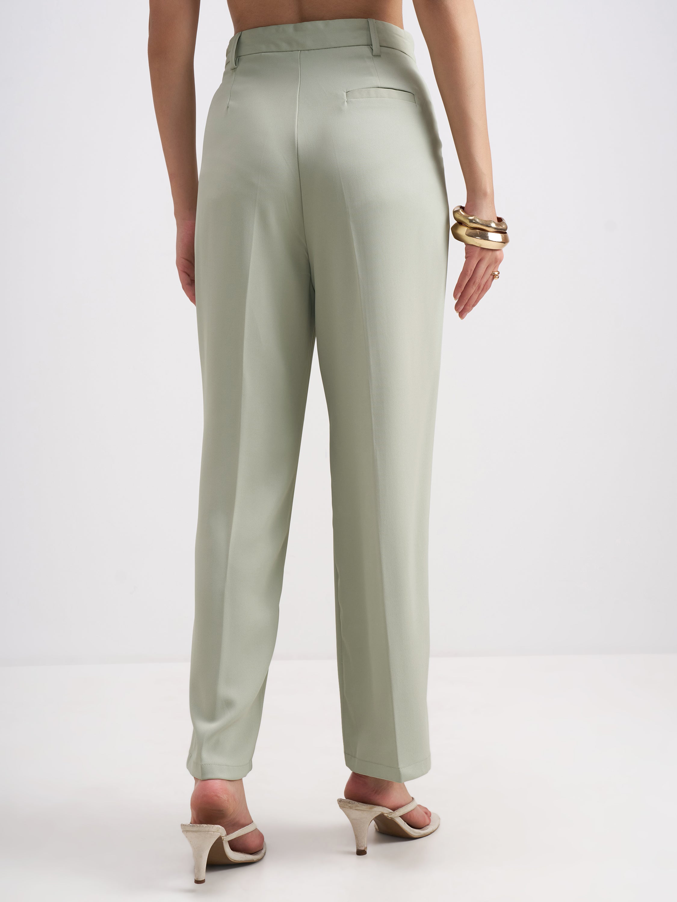Tokyo Talkies Women Green Solid Straight Fit Formal Trouser - Green - Image 3