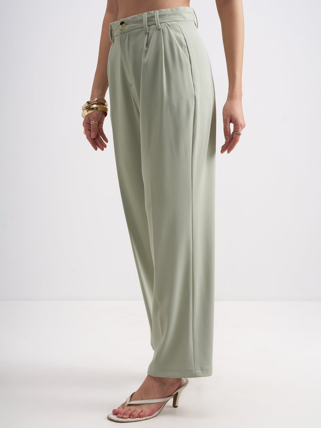 Tokyo Talkies Women Green Solid Straight Fit Formal Trouser - Green - Image 4